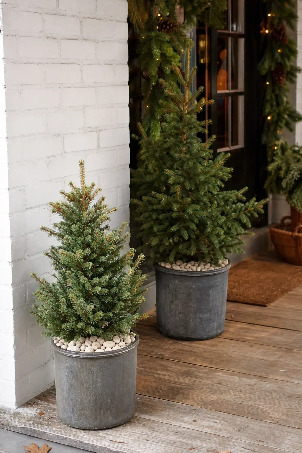 Potted Evergreens Weighted With Gravel