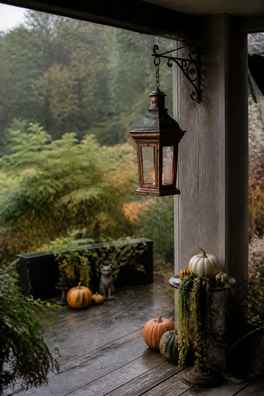 Aged Copper Lantern in Rain