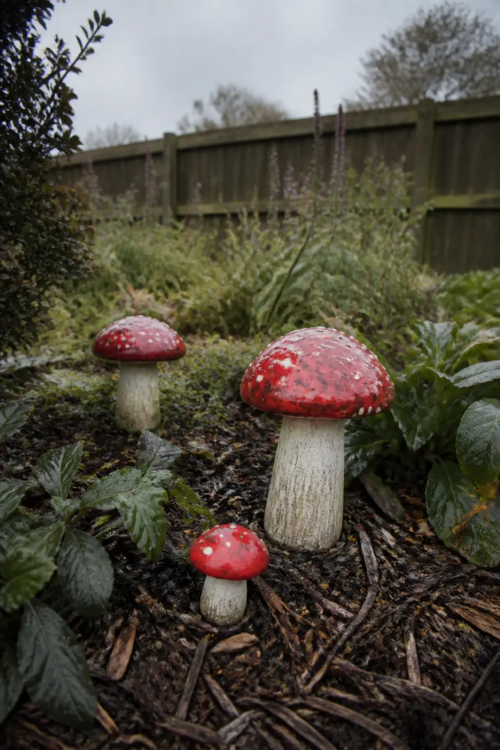 Resin Mushroom and Toadstool Grouping in a Border