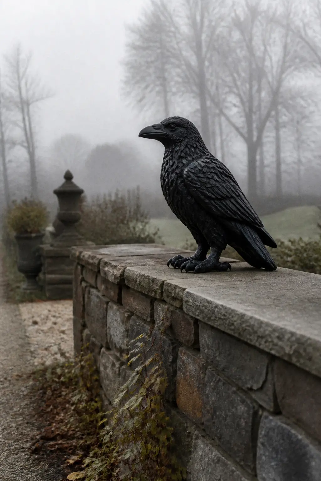 Resin Raven on a Stone Wall Cap