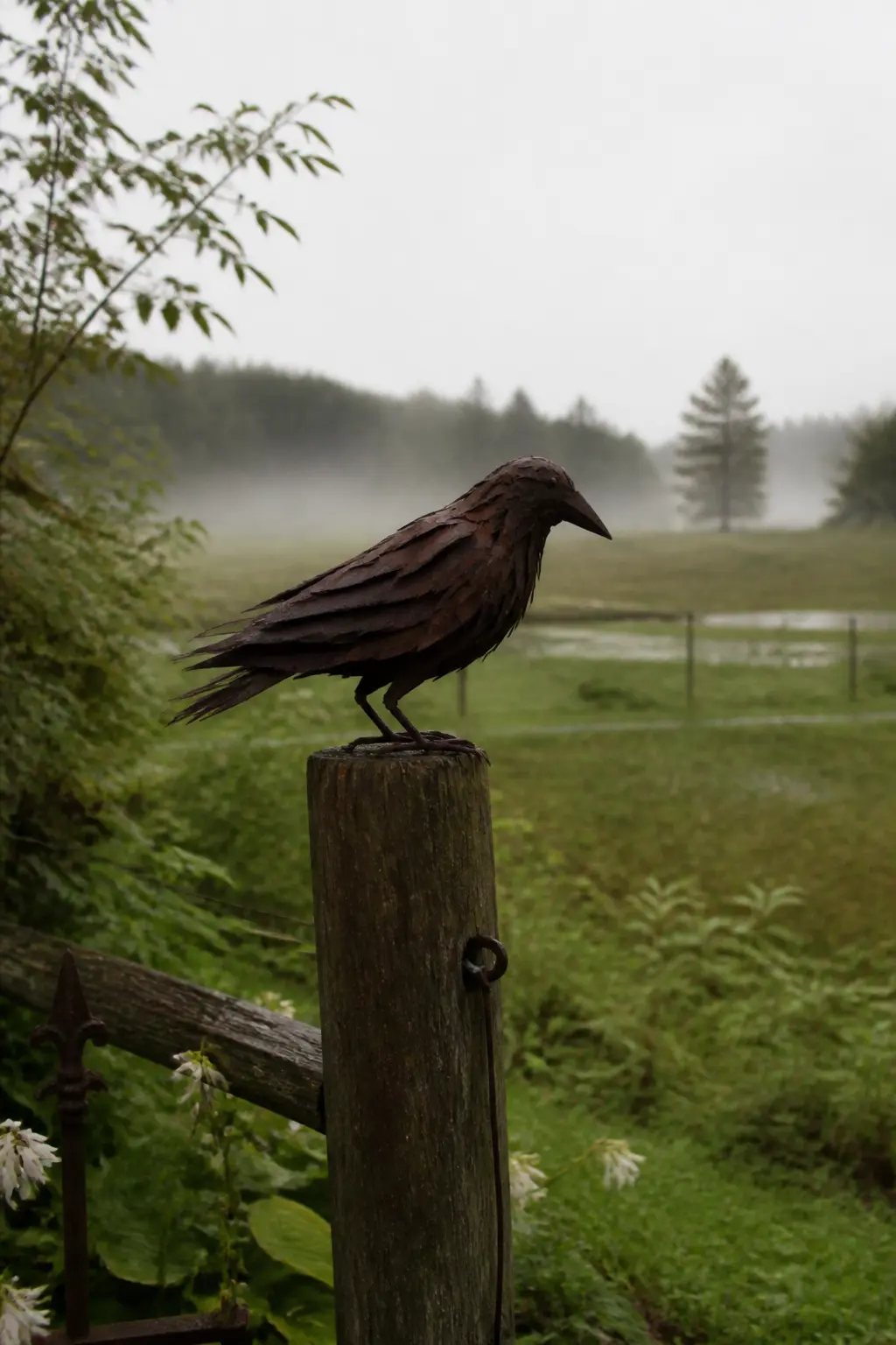 Rusted Iron Crow on a Fence Post