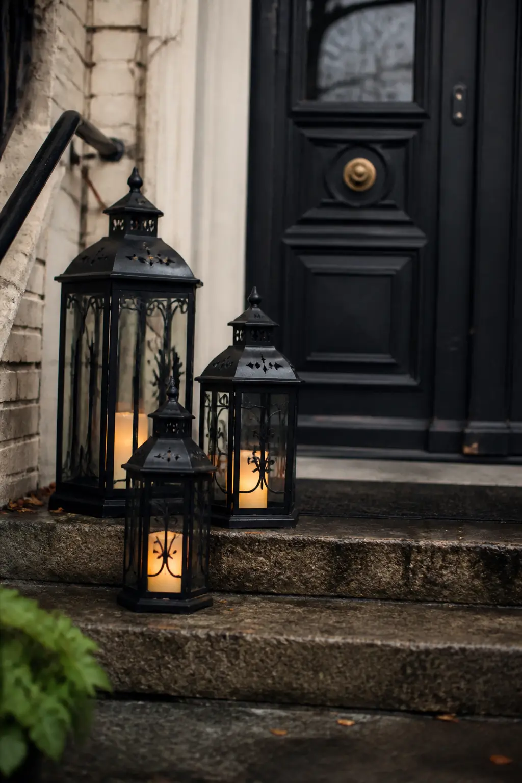 Wrought-Iron Lantern Cluster on Porch Steps
