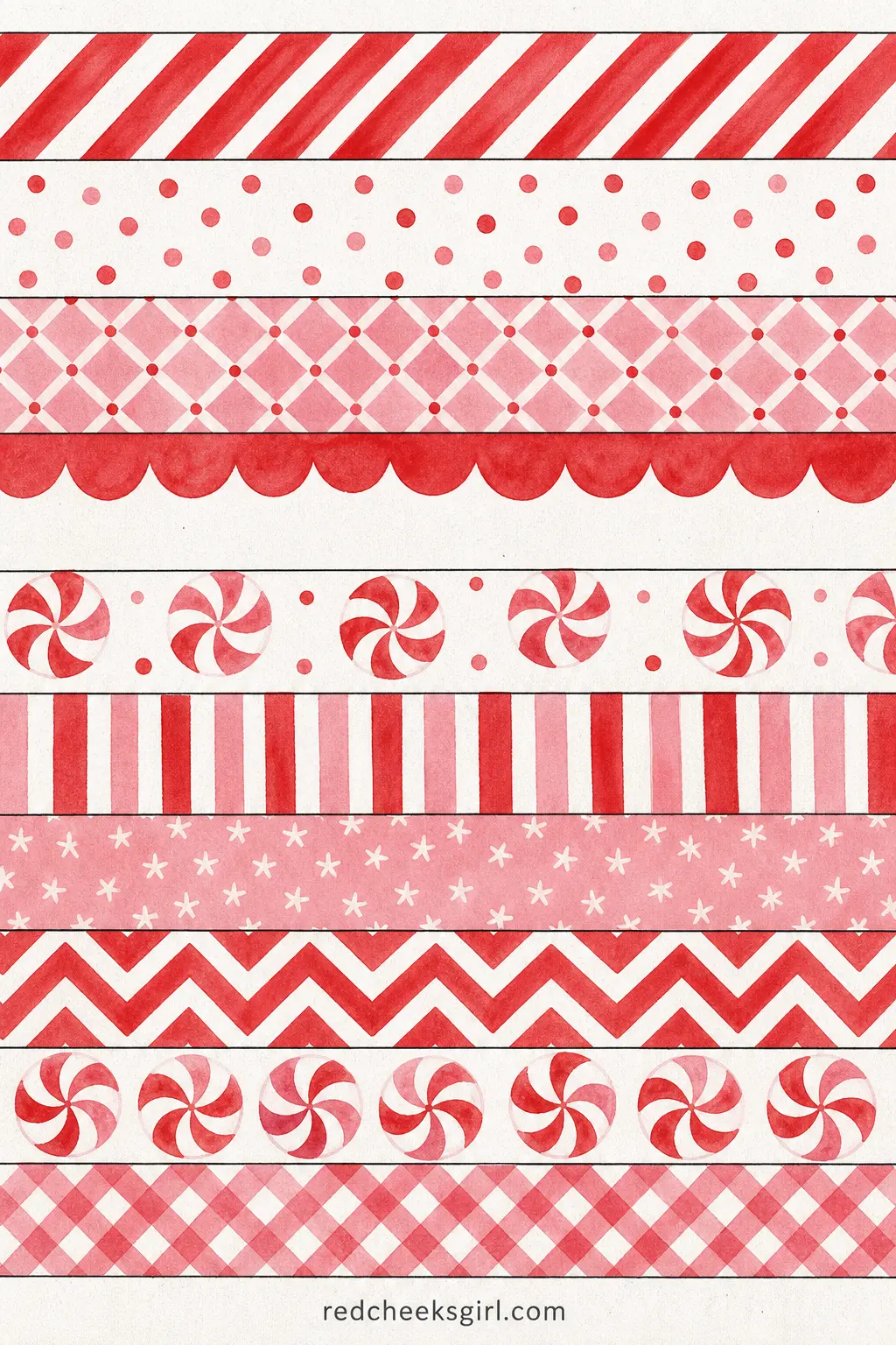 Candy Cane Stripe Paper Chain printable sheet — A paper chain built entirely from peppermint patterns: diagonal candy stripes, tiny polka dots, a soft pink