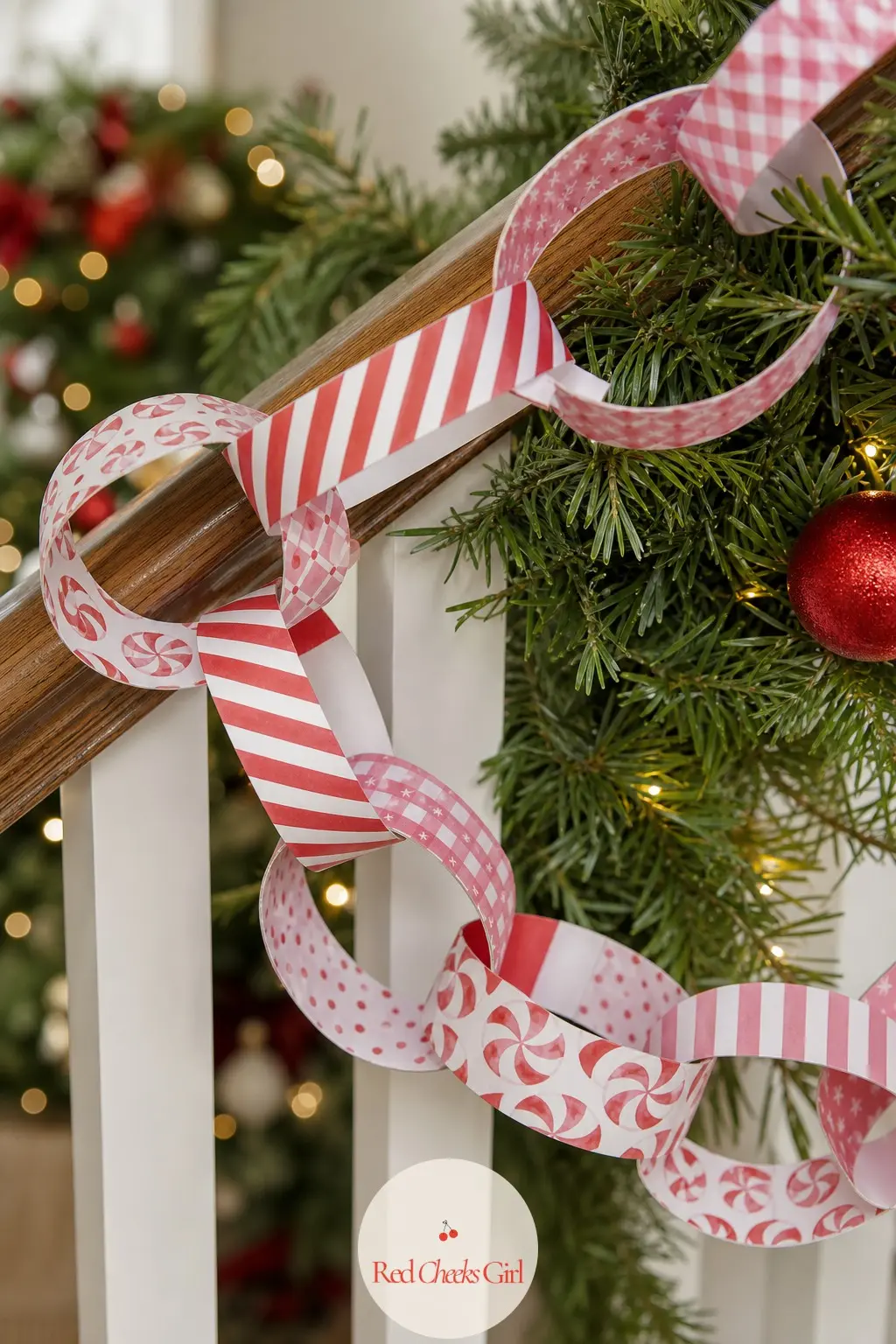 Candy Cane Stripe Paper Chain — A paper chain built entirely from peppermint patterns: diagonal candy stripes, tiny polka dots, a soft pink lattice, each strip