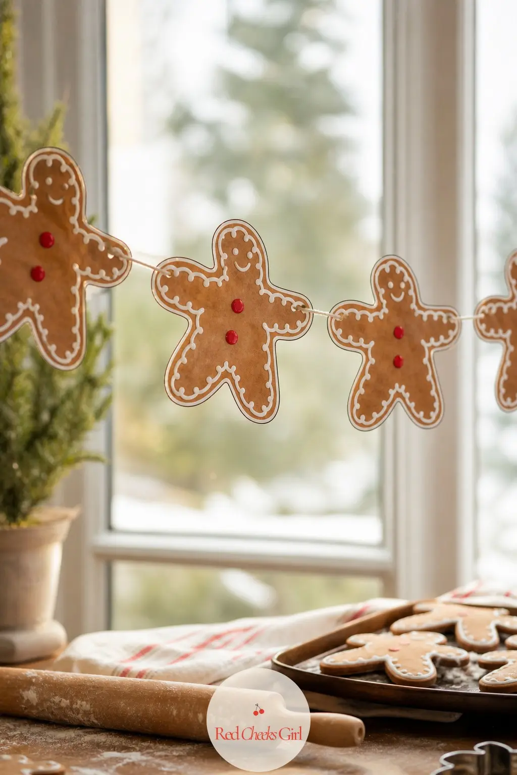 Gingerbread Men Bunting — Classic gingerbread men in warm brown with white icing piping and a single cherry red button, big enough here to actually see the