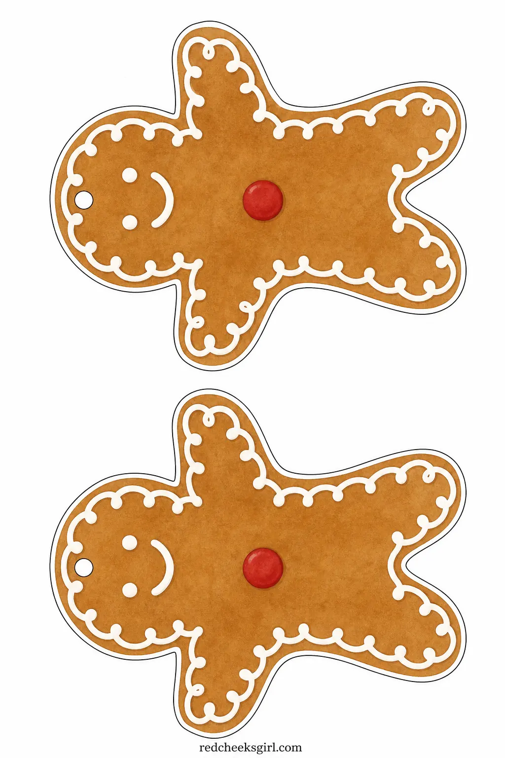 Gingerbread Men Bunting printable sheet — Classic gingerbread men in warm brown with white icing piping and a single cherry red button, big enough here to