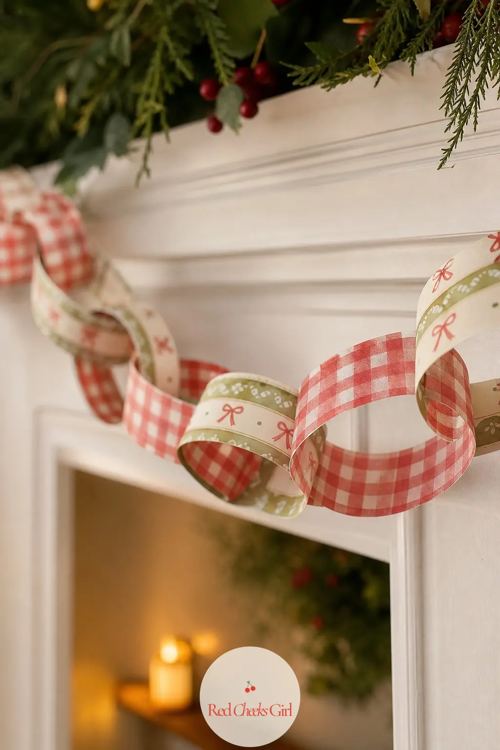 Gingham Bow Paper Chain — Cherry red gingham strips alternate with a small printed bow motif on cream, the closest thing in this set to a classic country