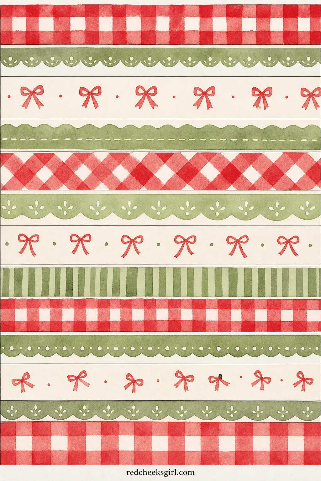 Gingham Bow Paper Chain printable sheet — Cherry red gingham strips alternate with a small printed bow motif on cream, the closest thing in this set to a