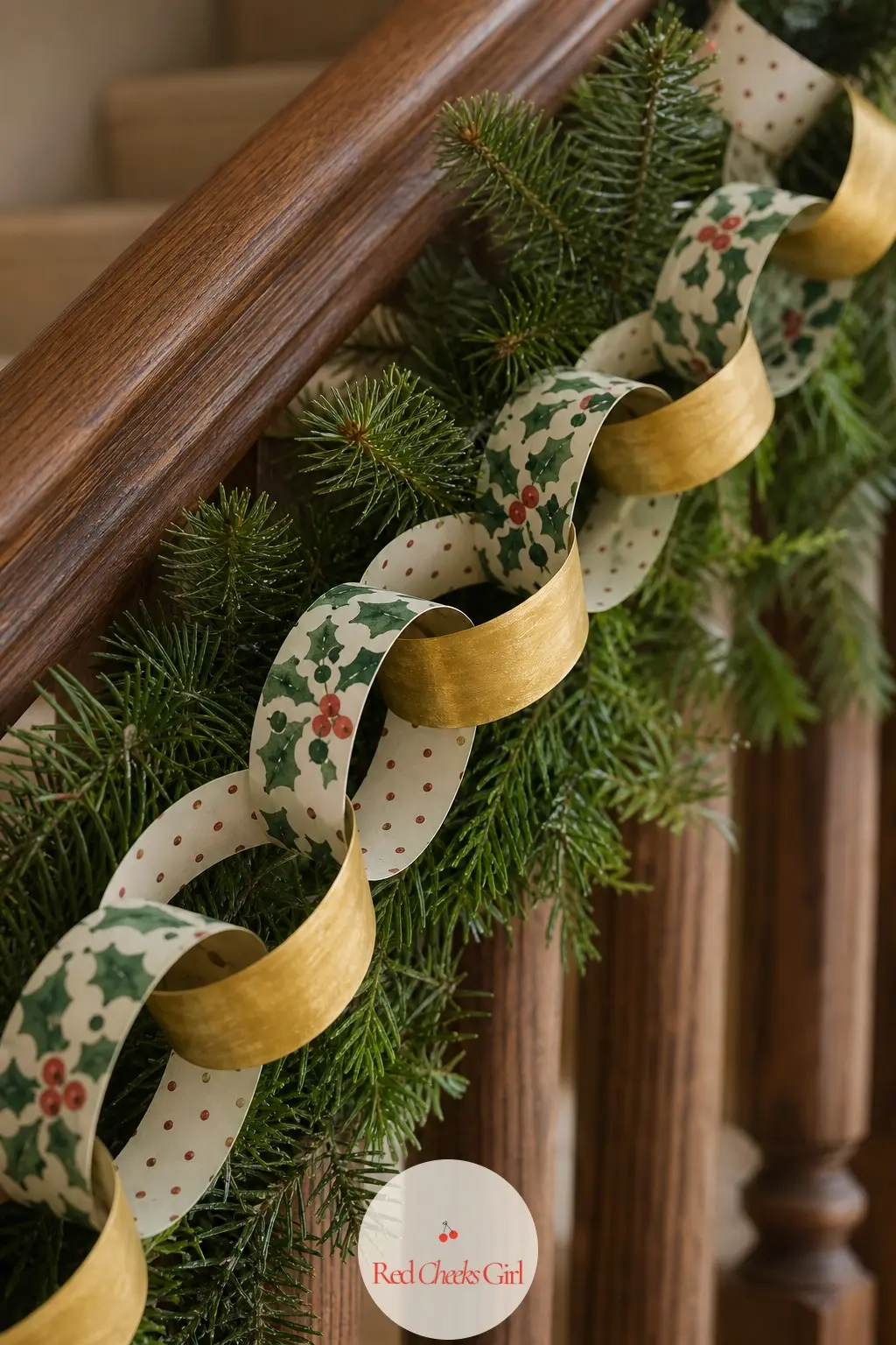 Holly and Berry Paper Chain — Forest green holly leaves and small berry clusters printed on a cream ground, closer to a botanical print than a cartoon leaf