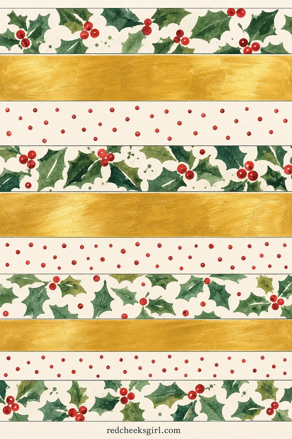 Holly and Berry Paper Chain printable sheet — Forest green holly leaves and small berry clusters printed on a cream ground, closer to a botanical print than a