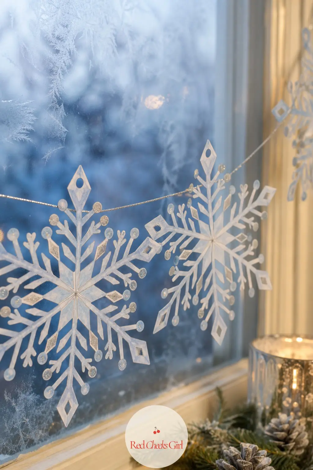 Icy Snowflake Bunting — A detailed six-point snowflake in ice blue and silver on white, drawn with fine branching lines rather than a simple blob, which is