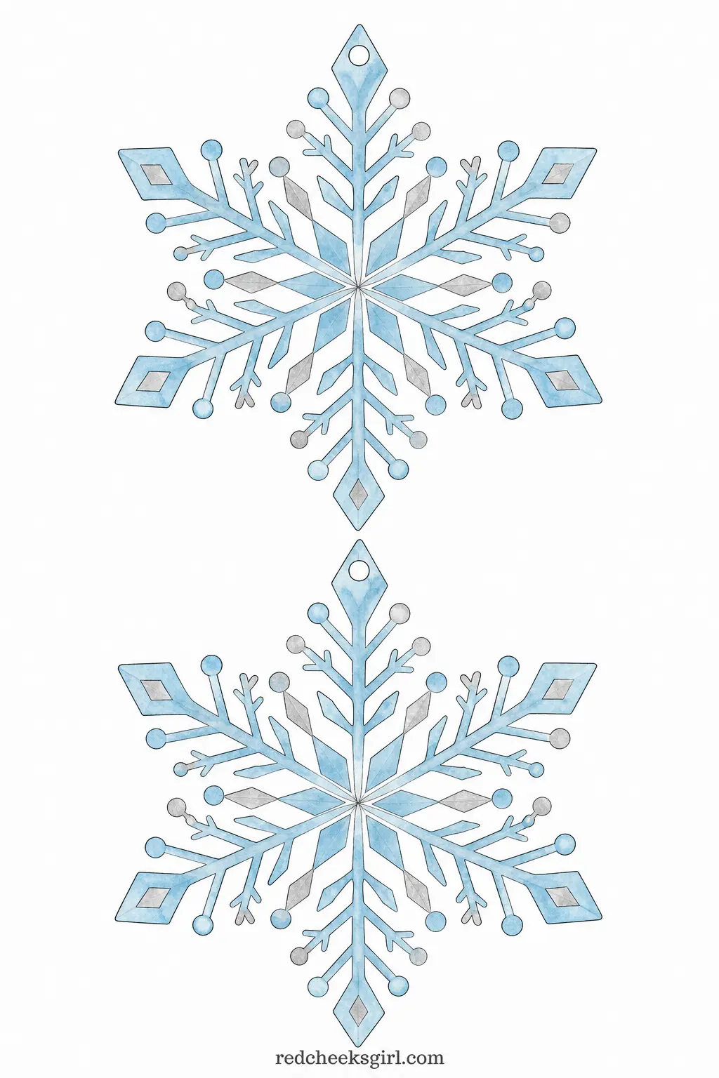 Icy Snowflake Bunting printable sheet — A detailed six-point snowflake in ice blue and silver on white, drawn with fine branching lines rather than a simple