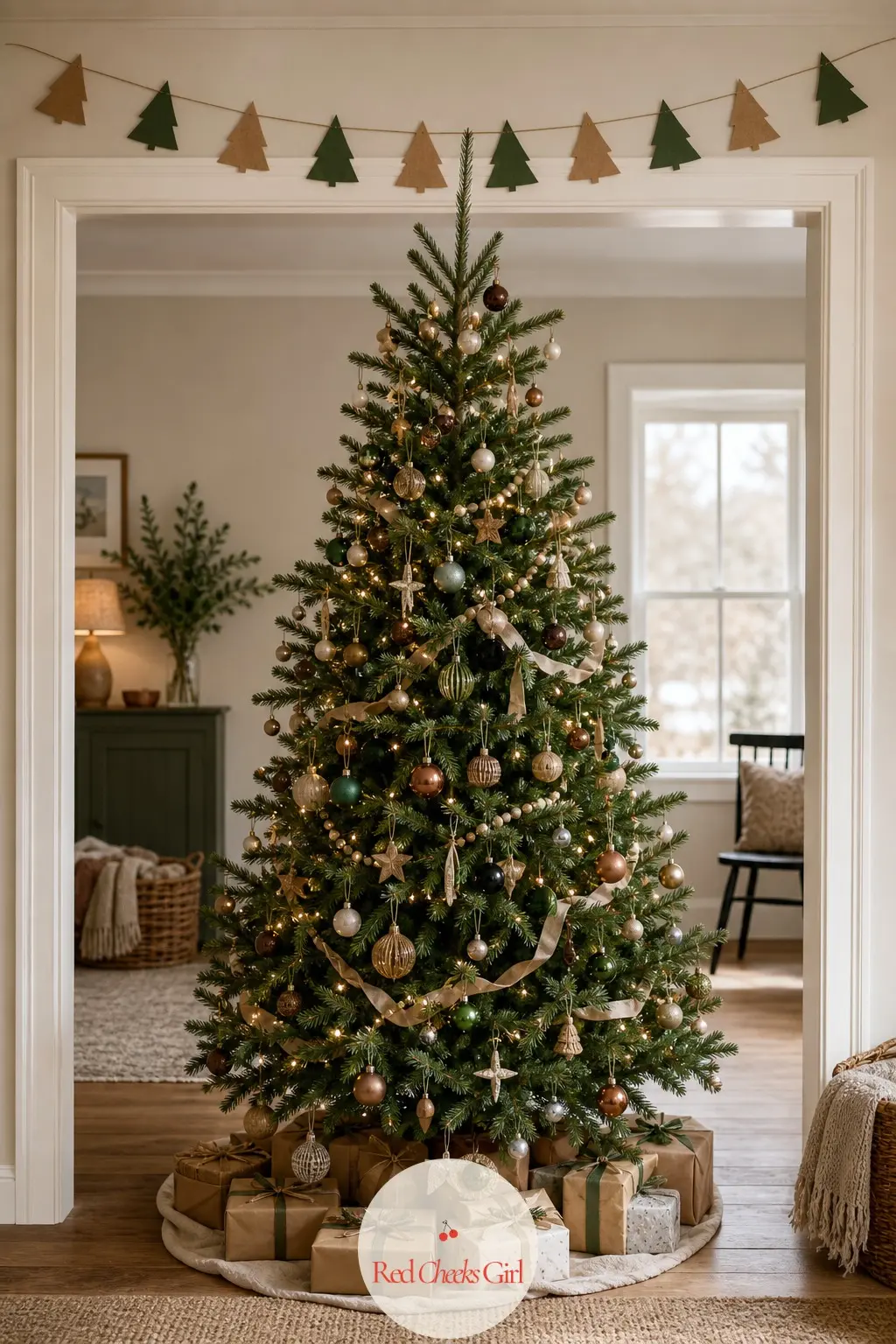 Kraft Christmas Tree Bunting — A plain triangular tree shape in solid kraft brown line work with a pine green fill, the simplest silhouette in this whole