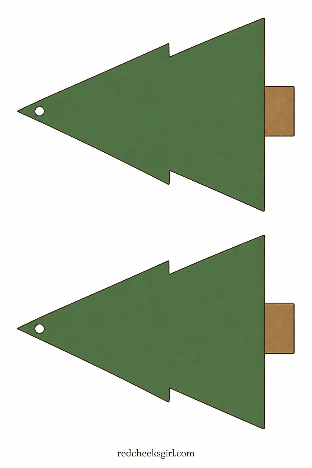 Kraft Christmas Tree Bunting printable sheet — A plain triangular tree shape in solid kraft brown line work with a pine green fill, the simplest silhouette in