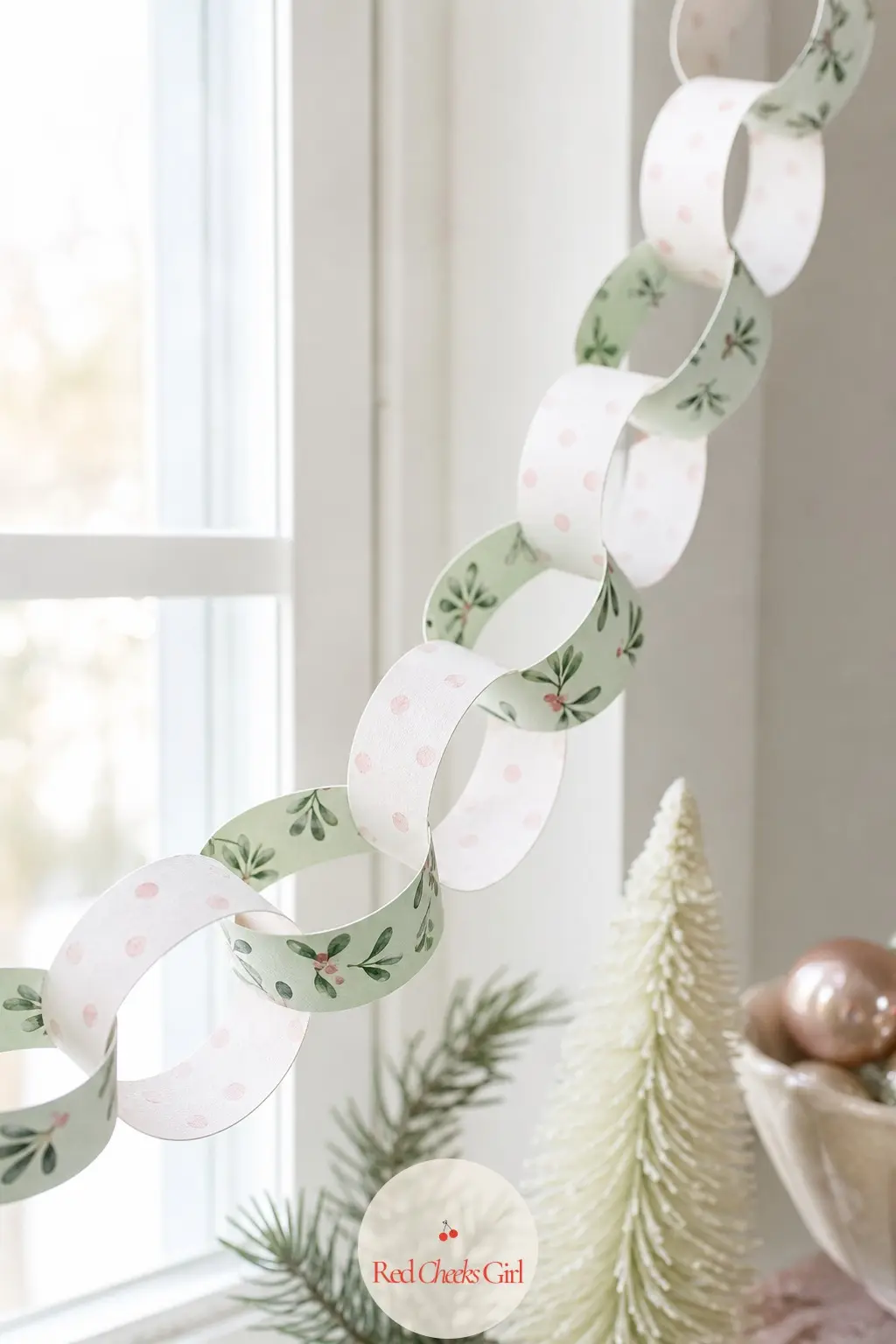Mistletoe Dot Paper Chain — Small sage green mistletoe sprigs and soft blush dots run down a mostly white sheet, the lightest and quietest chain in the whole