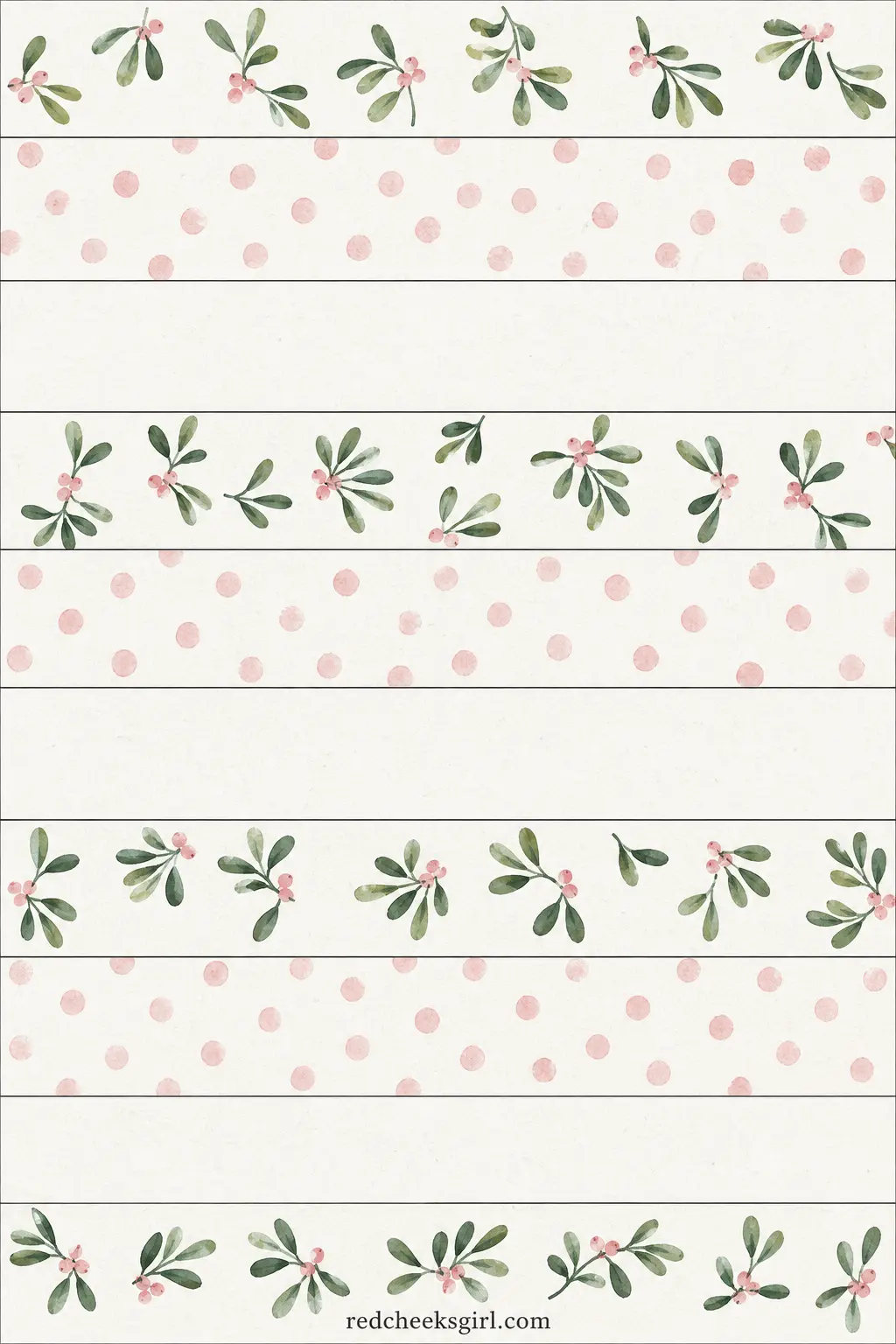 Mistletoe Dot Paper Chain printable sheet — Small sage green mistletoe sprigs and soft blush dots run down a mostly white sheet, the lightest and quietest