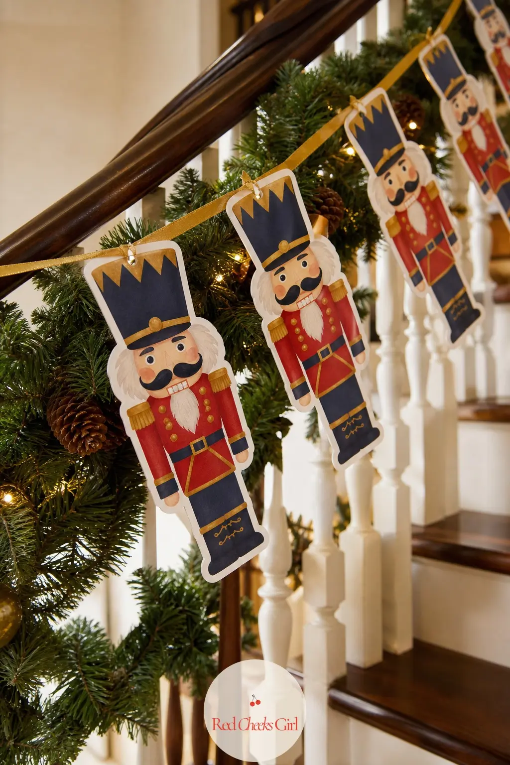 Nutcracker Toy Soldier Bunting — A tall toy soldier nutcracker in navy and gold with a full mustache and a tall black hat, drawn with the stiff formal pose of
