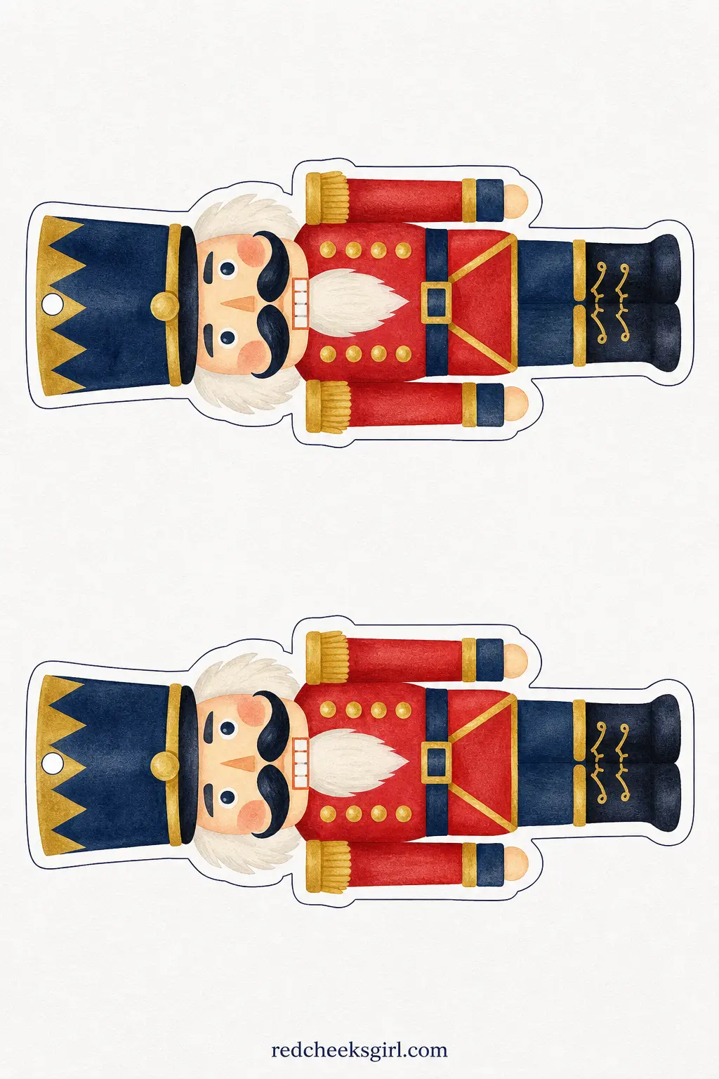 Nutcracker Toy Soldier Bunting printable sheet — A tall toy soldier nutcracker in navy and gold with a full mustache and a tall black hat, drawn with the stiff