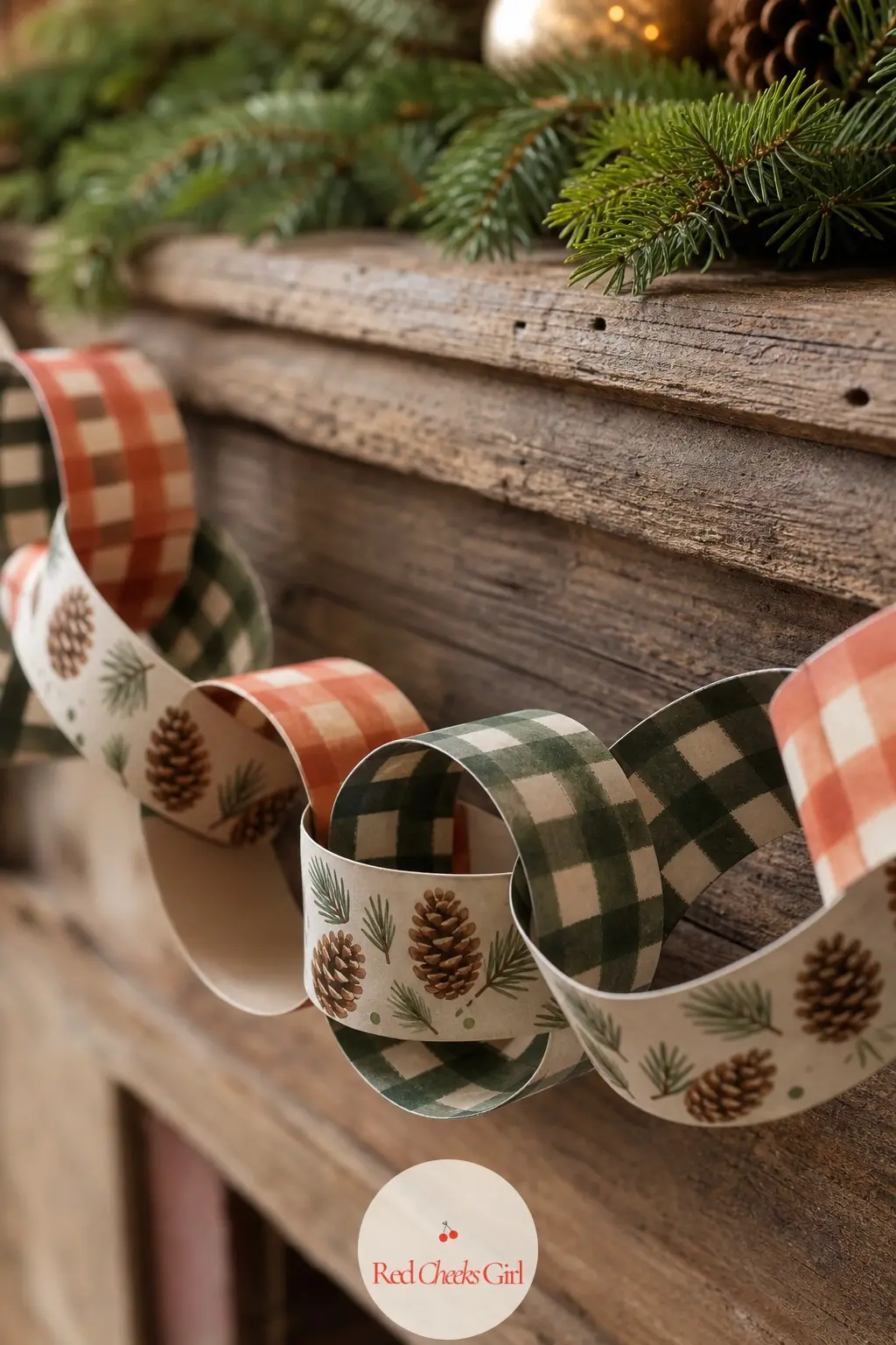 Pinecone Plaid Paper Chain — Buffalo plaid strips in rust and forest green alternate with a small hand-drawn pinecone print, the whole thing looking like it