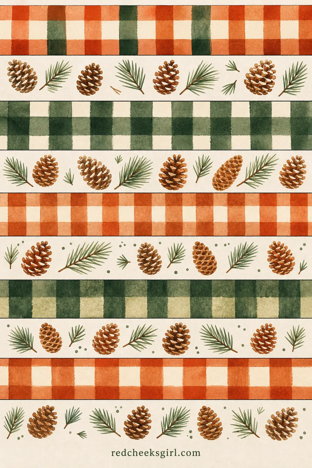 Pinecone Plaid Paper Chain printable sheet — Buffalo plaid strips in rust and forest green alternate with a small hand-drawn pinecone print, the whole thing