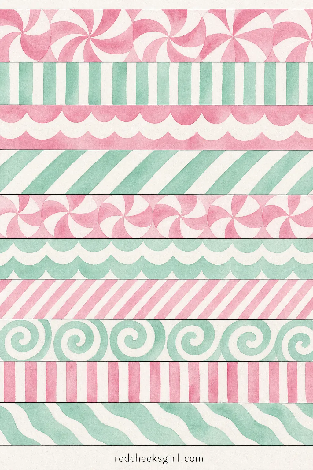 Retro Ribbon Candy Paper Chain printable sheet — Pastel pink, mint and white strips patterned after old-fashioned ribbon candy, softer and less obviously