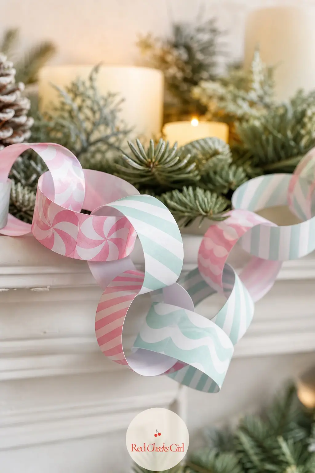 Retro Ribbon Candy Paper Chain — Pastel pink, mint and white strips patterned after old-fashioned ribbon candy, softer and less obviously Christmas red than