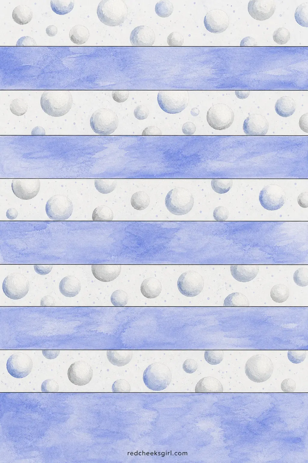 Snowball Pom Paper Chain printable sheet — Round white pom-like snowball shapes printed in a scattered pattern against icy periwinkle, textured with tiny