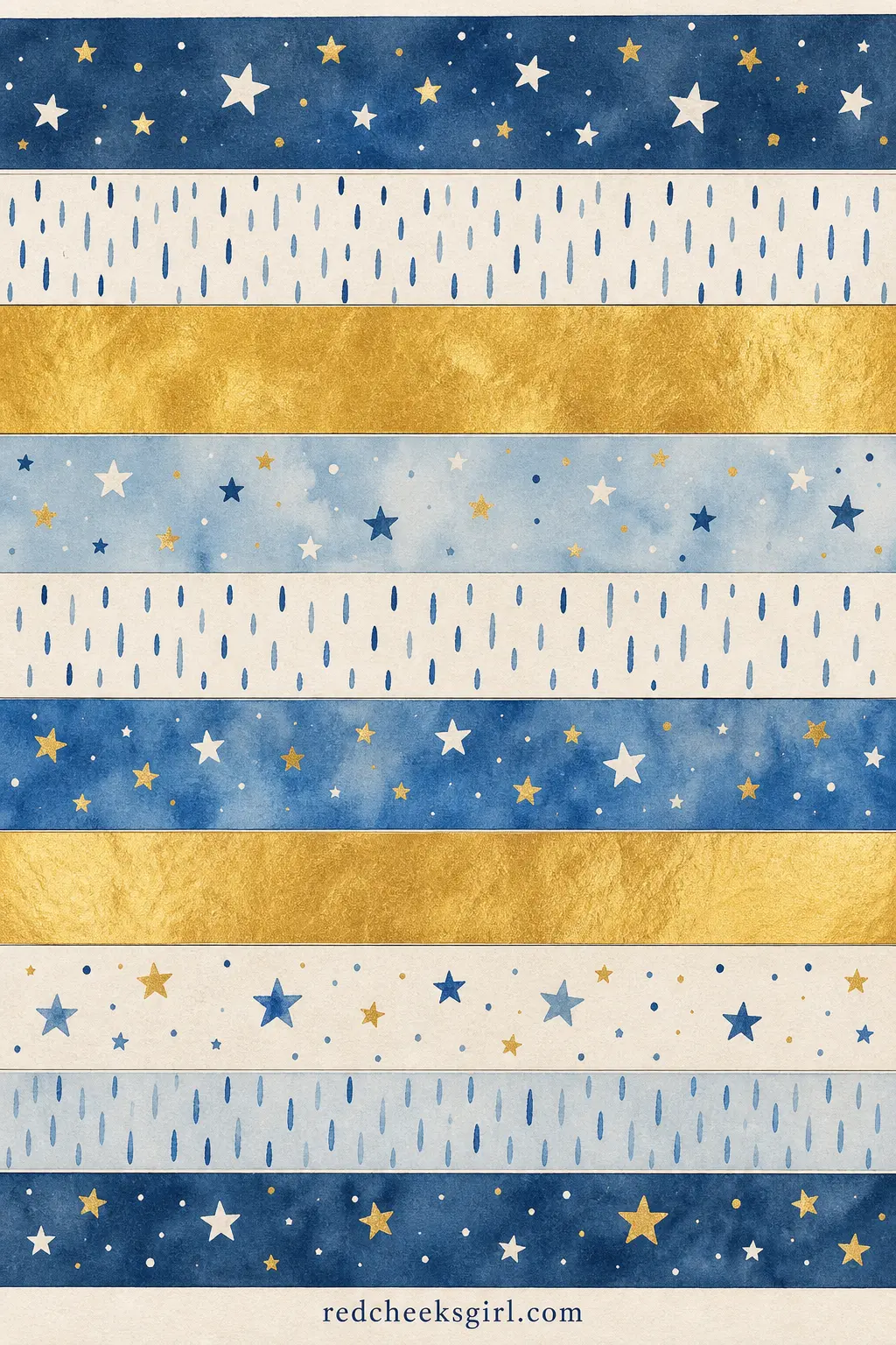 Star and Snow Dash Paper Chain printable sheet — Soft blue stars scattered on ivory alternate with a broken snow-dash stripe, gentle enough to hang in a