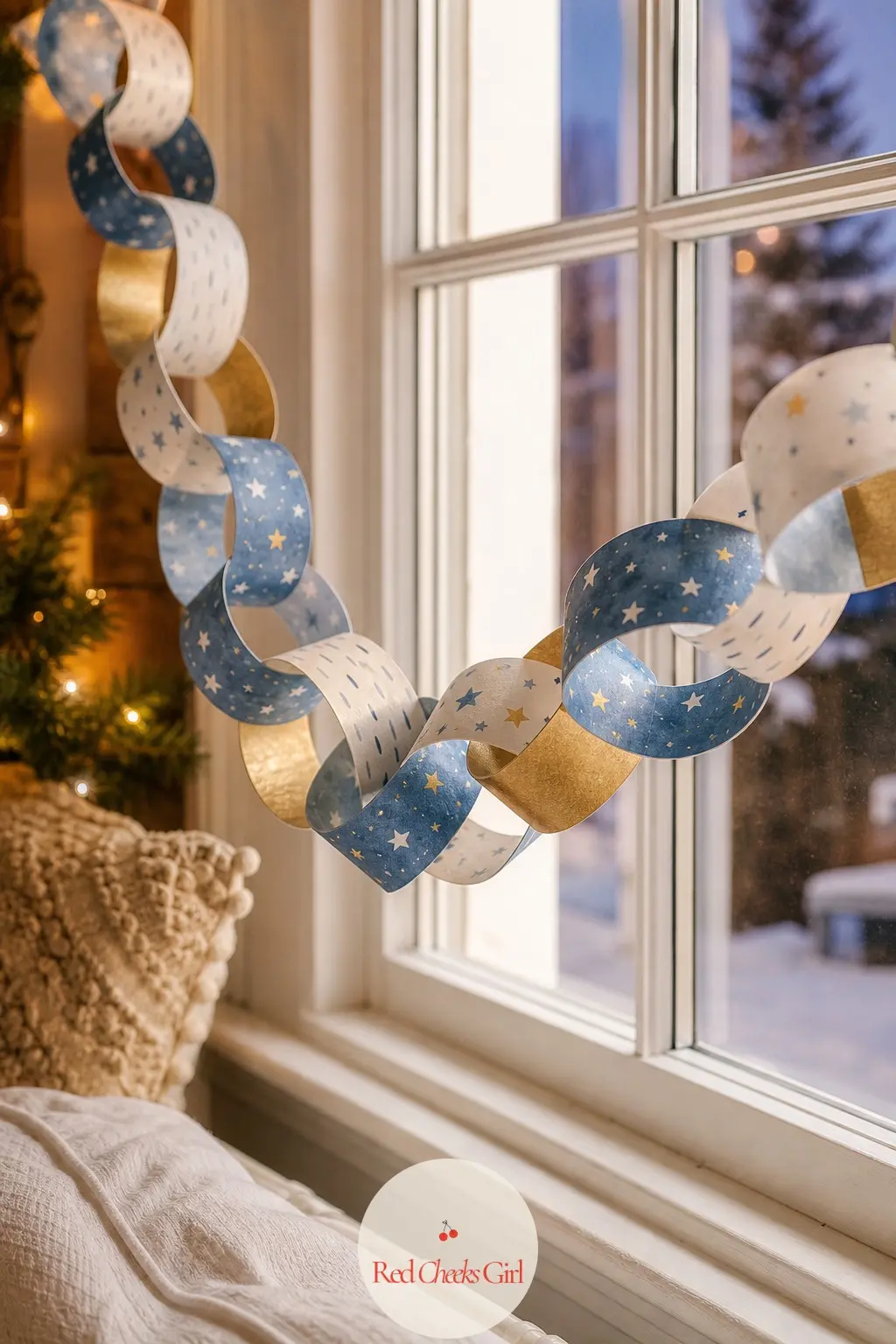 Star and Snow Dash Paper Chain — Soft blue stars scattered on ivory alternate with a broken snow-dash stripe, gentle enough to hang in a nursery or a bedroom