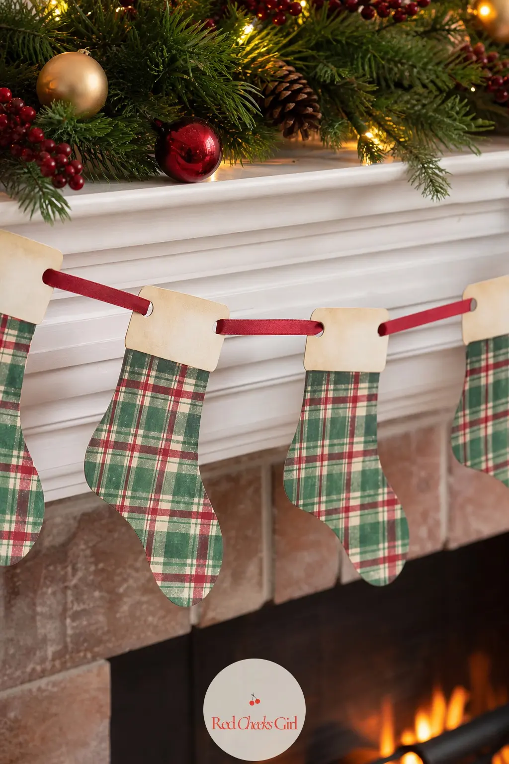 Tartan Stocking Bunting — A full stocking shape in emerald and cranberry tartan with a cream cuff, drawn with the crossed lines of real tartan rather than a