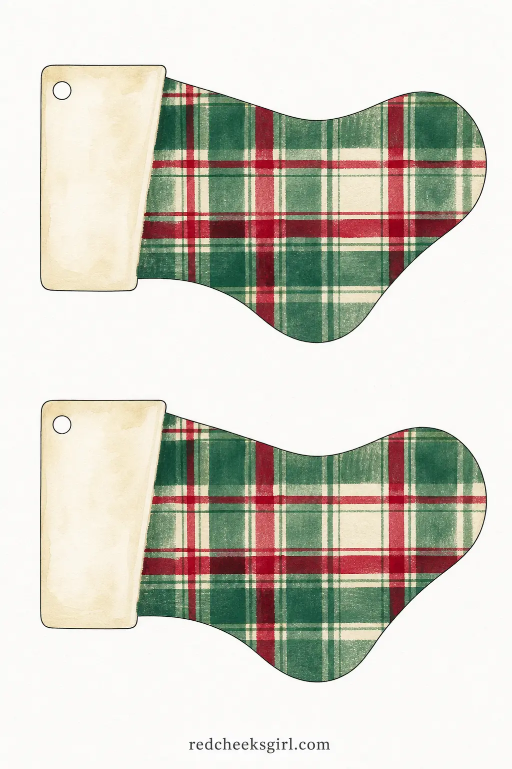 Tartan Stocking Bunting printable sheet — A full stocking shape in emerald and cranberry tartan with a cream cuff, drawn with the crossed lines of real tartan
