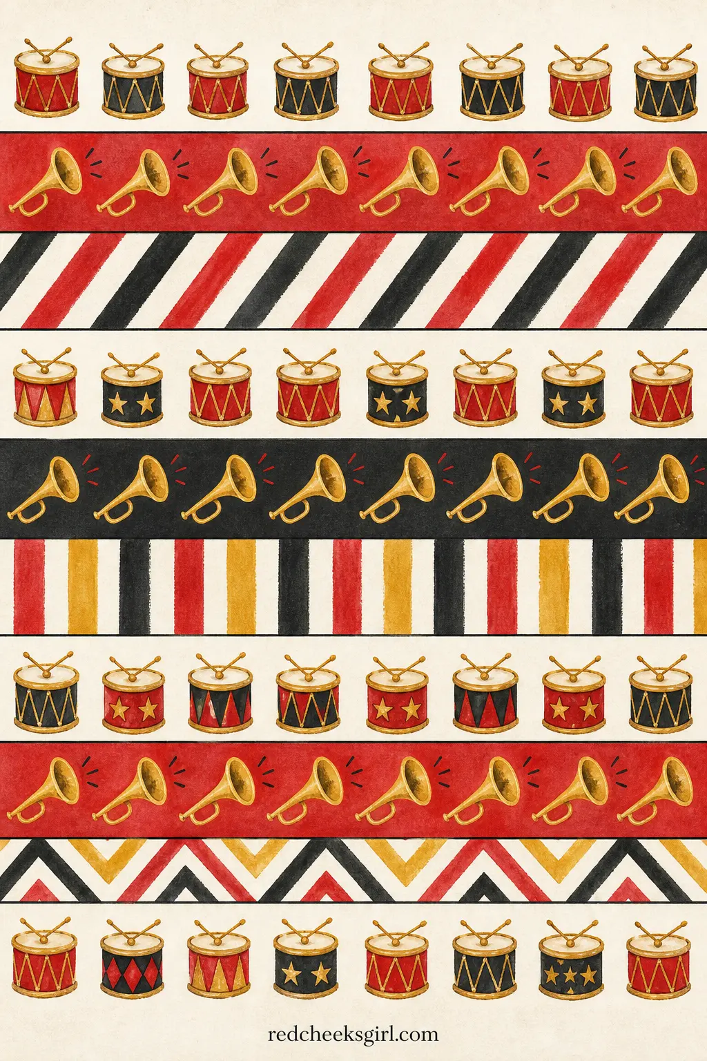 Toy Drum and Trumpet Paper Chain printable sheet — A parade-ground palette of black, cardinal red and gold, the strips patterned with tiny toy drums, trumpet