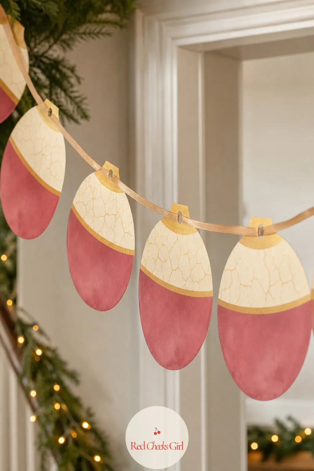 Vintage Glass Ornament Bunting — Fat, round bauble shapes in dusty rose and champagne gold, drawn with a thin crackle line across the top the way old glass