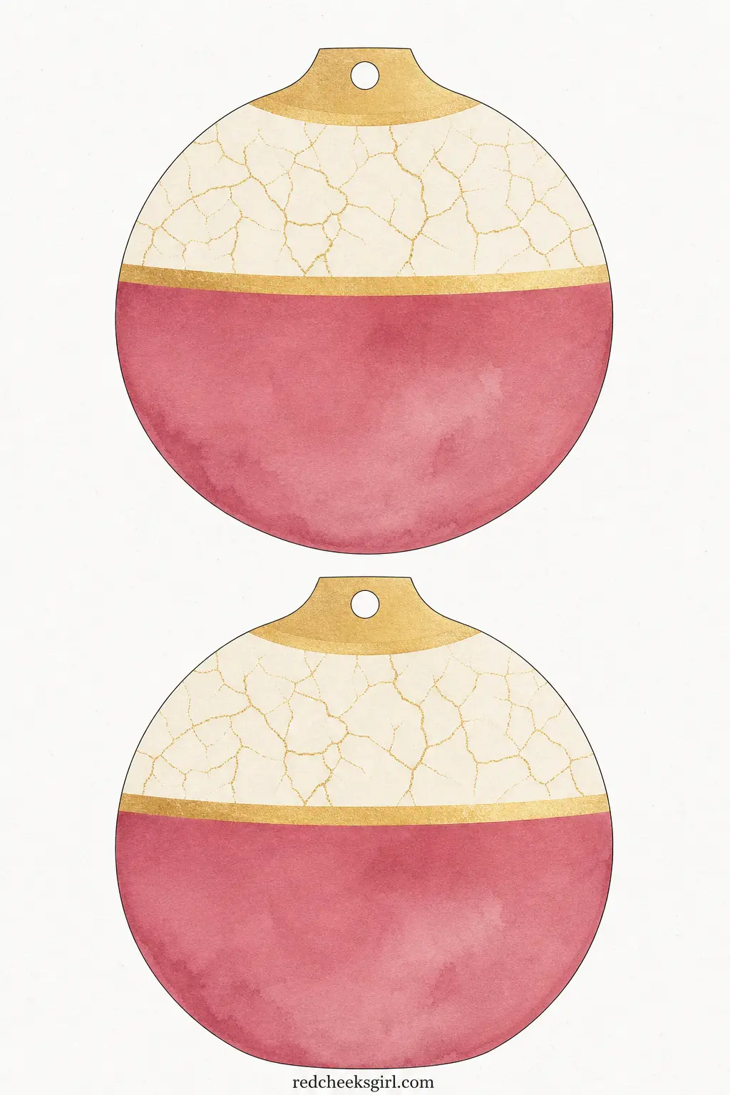 Vintage Glass Ornament Bunting printable sheet — Fat, round bauble shapes in dusty rose and champagne gold, drawn with a thin crackle line across the top the