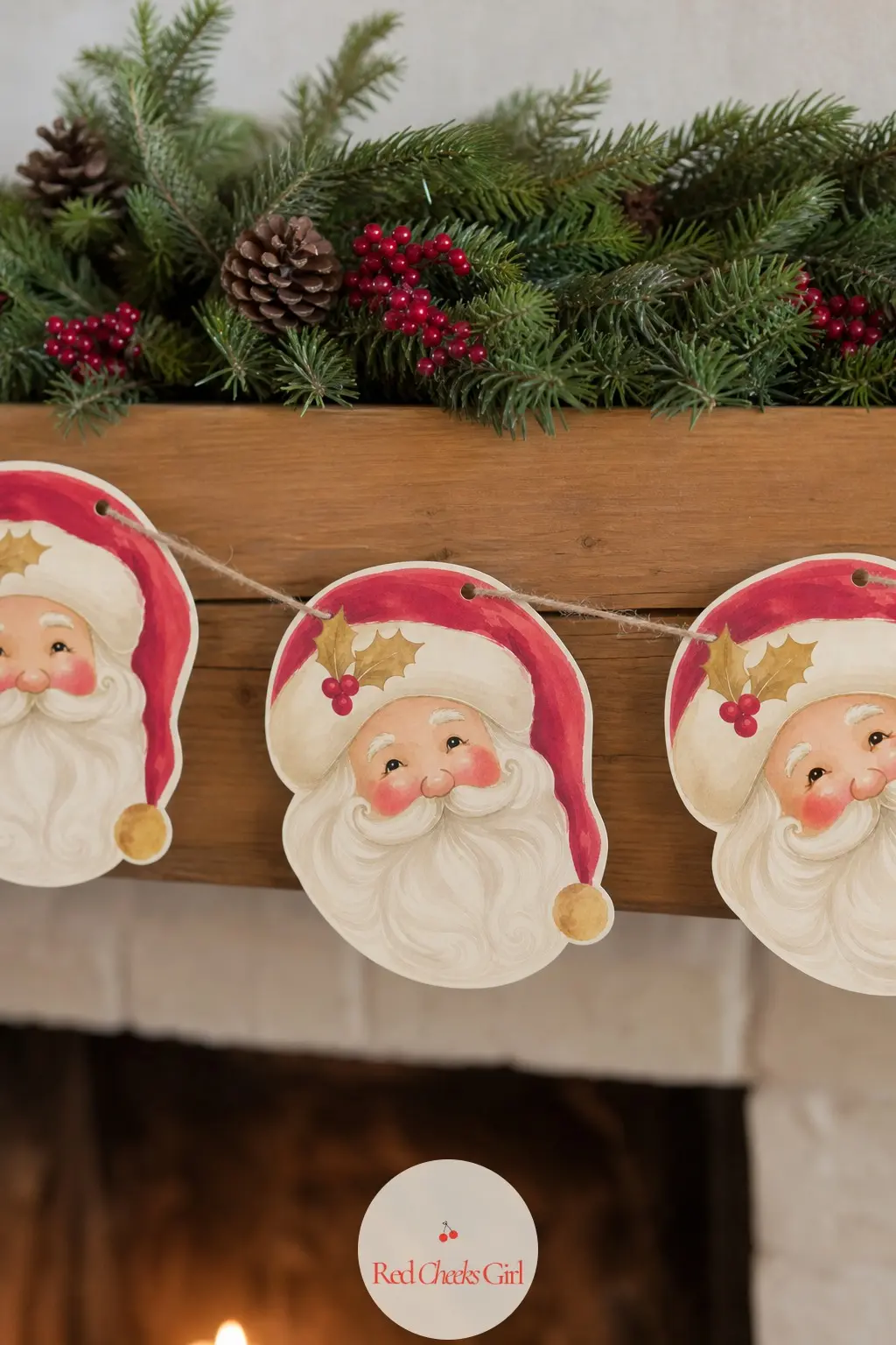 Vintage Santa Face Bunting — A row of round, rosy-cheeked Santa faces in ivory and cranberry, drawn with the soft, slightly worn linework of an old holiday