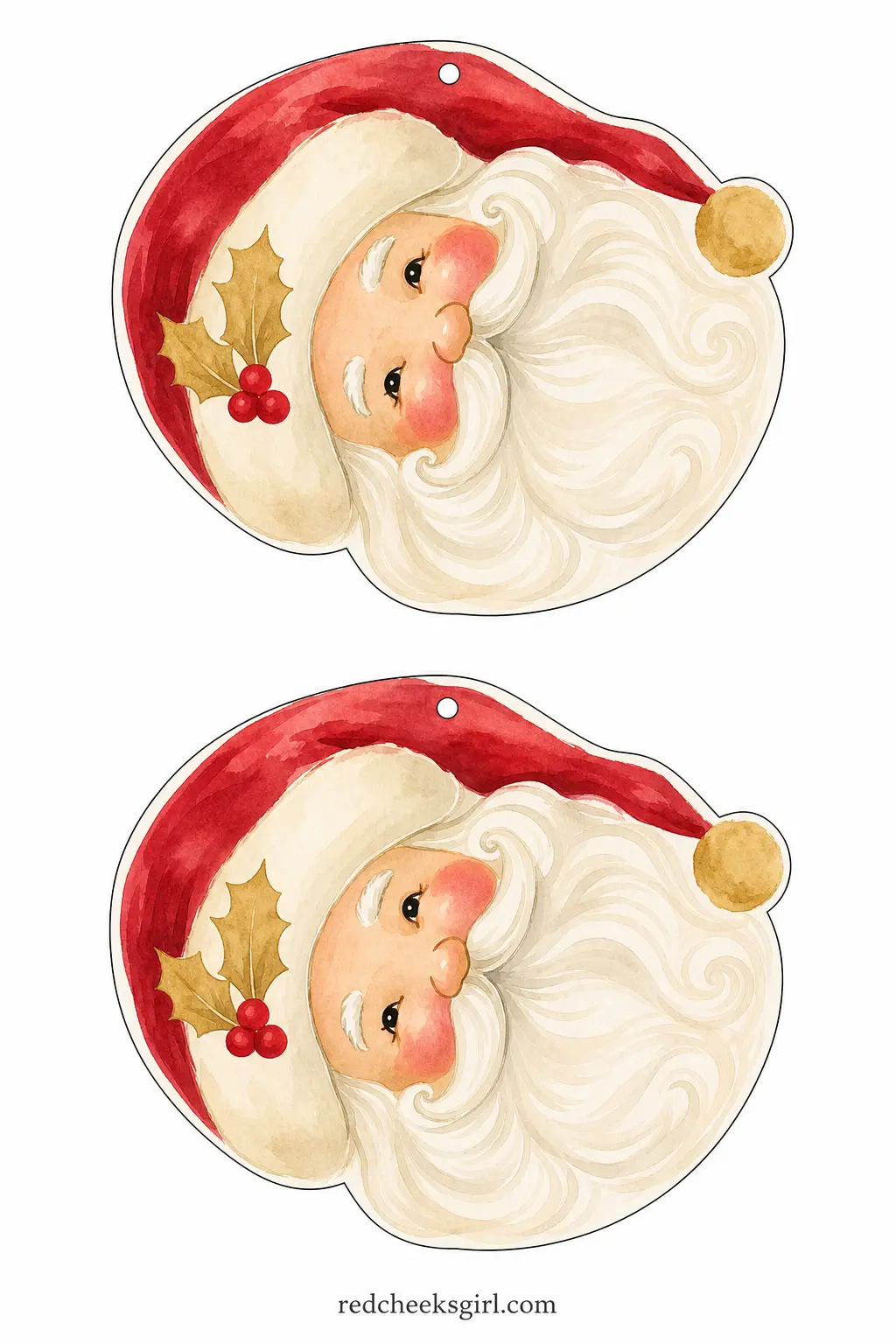 Vintage Santa Face Bunting printable sheet — A row of round, rosy-cheeked Santa faces in ivory and cranberry, drawn with the soft, slightly worn linework of an
