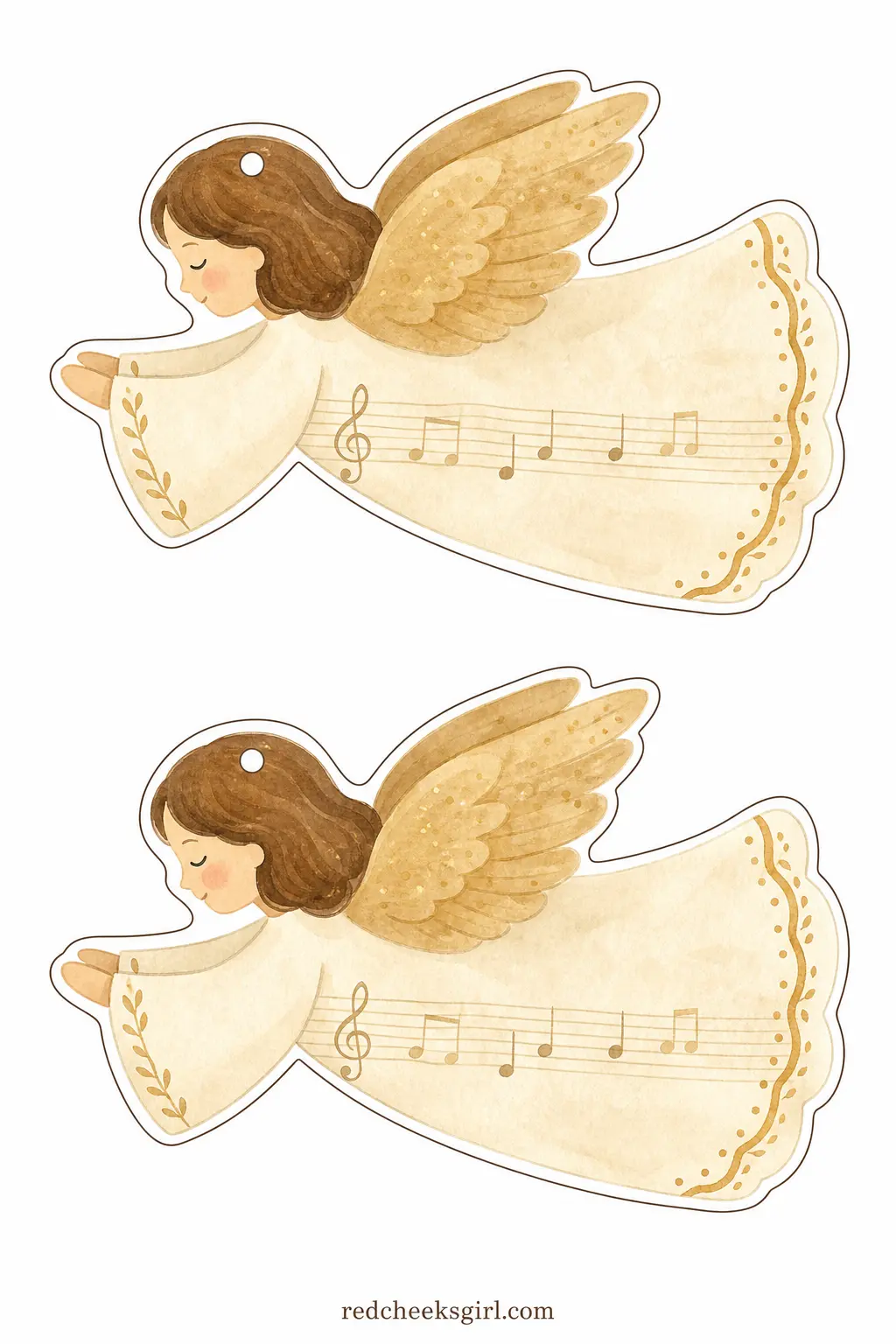 Vintage Sheet Music Angel Bunting printable sheet — Angels drawn in sepia line over a faint musical staff pattern, dusty gold wings, the whole thing looking