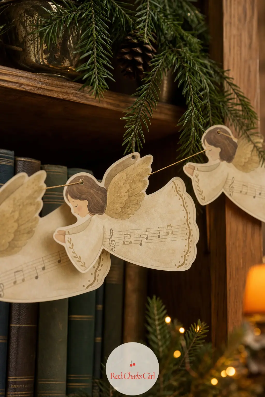 Vintage Sheet Music Angel Bunting — Angels drawn in sepia line over a faint musical staff pattern, dusty gold wings, the whole thing looking like it came out
