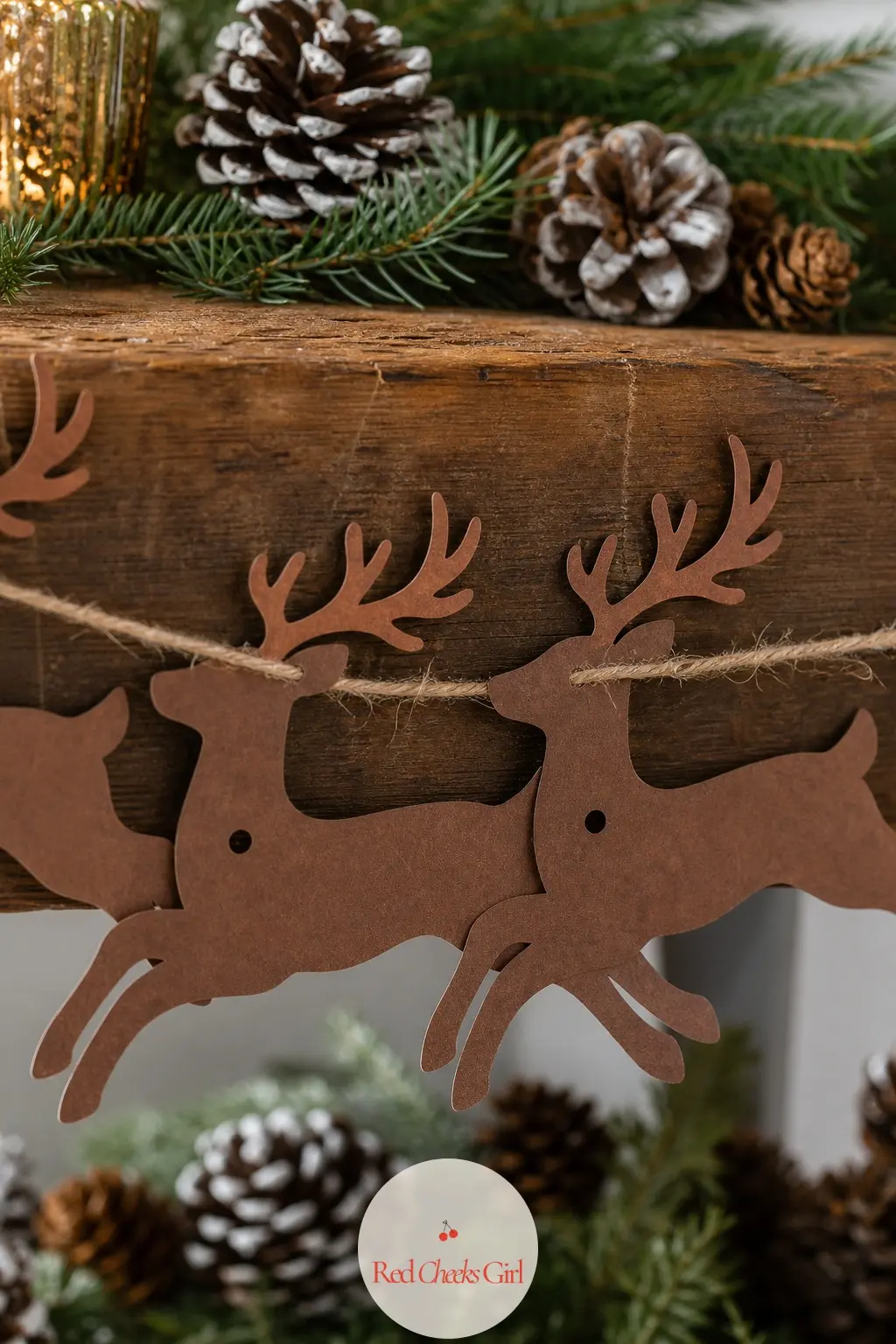 Woodland Reindeer Bunting — A running reindeer silhouette in solid cocoa brown against oatmeal, no antler detail fussed over, just a clean confident shape that