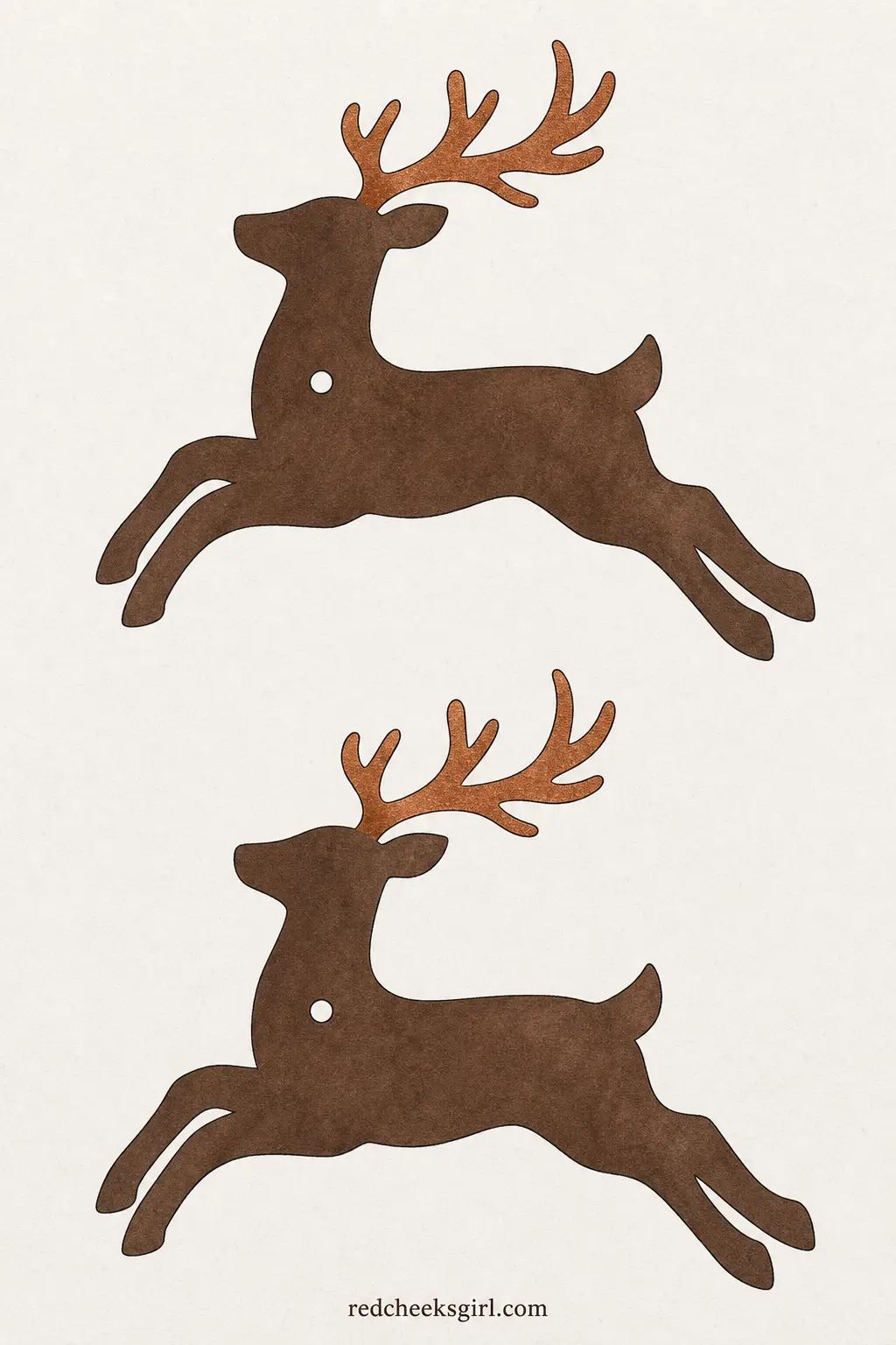 Woodland Reindeer Bunting printable sheet — A running reindeer silhouette in solid cocoa brown against oatmeal, no antler detail fussed over, just a clean
