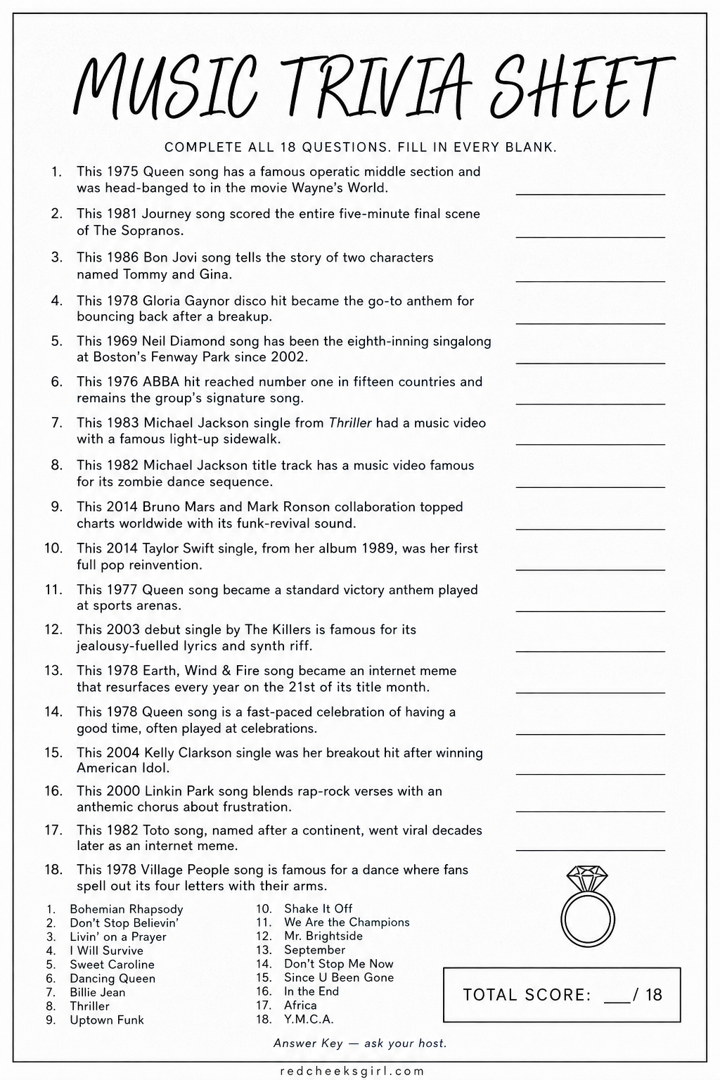 Music Trivia Sheet printable