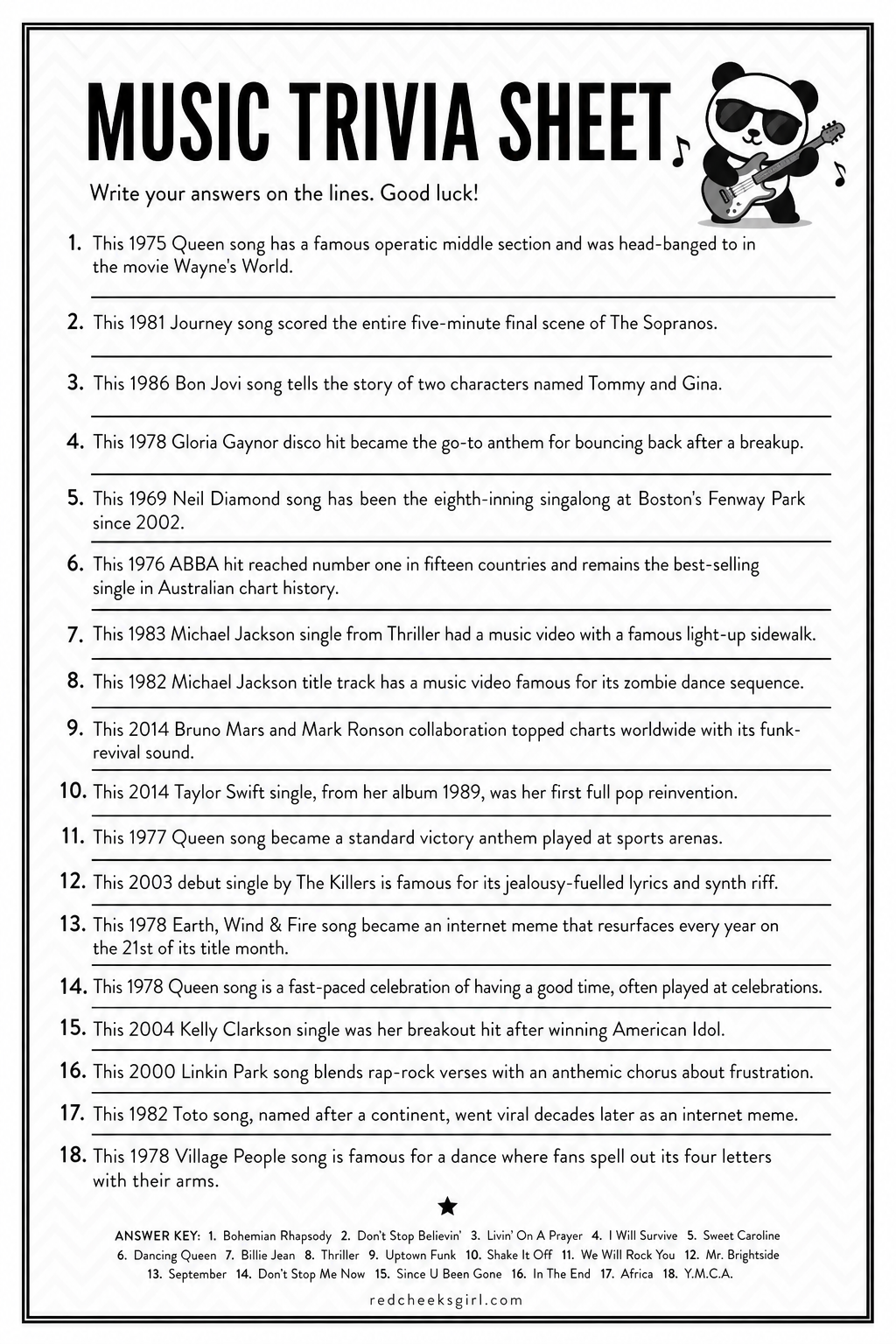 Music Trivia Sheet printable