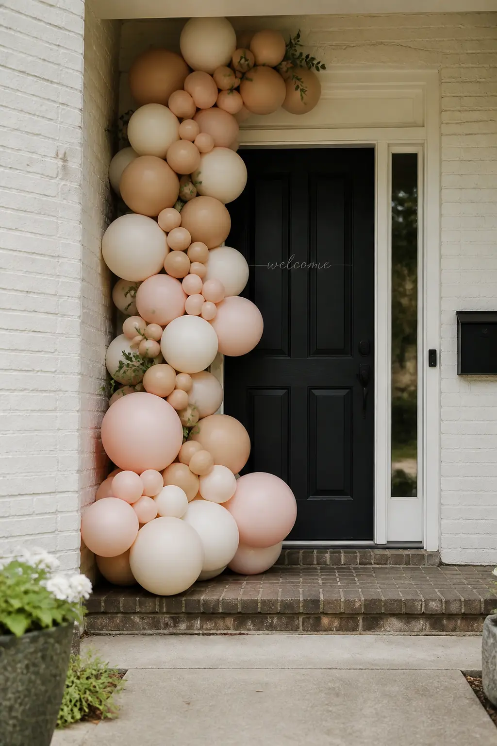Blush, Cream and Sand Cascade Beside a Front Door for a Welcome Party — A cascade beside the front door rather than over it reads as a welcome gesture rather