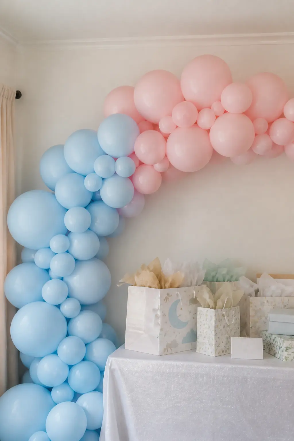 Blush and Powder Blue Arch at a Gender-Neutral Baby Shower — Blush and powder blue together read gender-neutral because neither dominates and neither retreats.