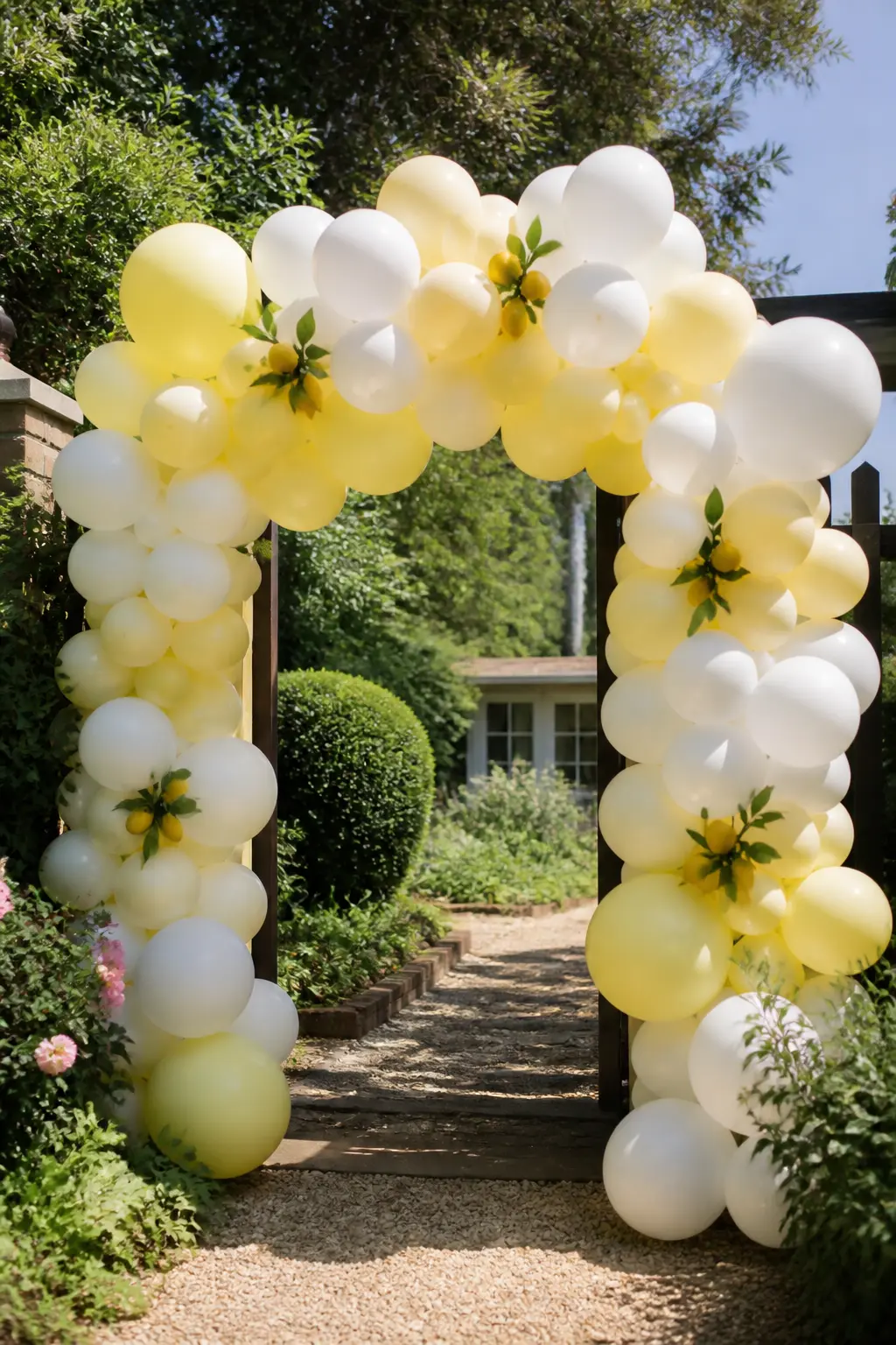 Butter Yellow and White Arch Over a Garden Party Entrance with Lemons — Whole lemons pushed onto wooden skewers and tucked into the balloon clusters give this