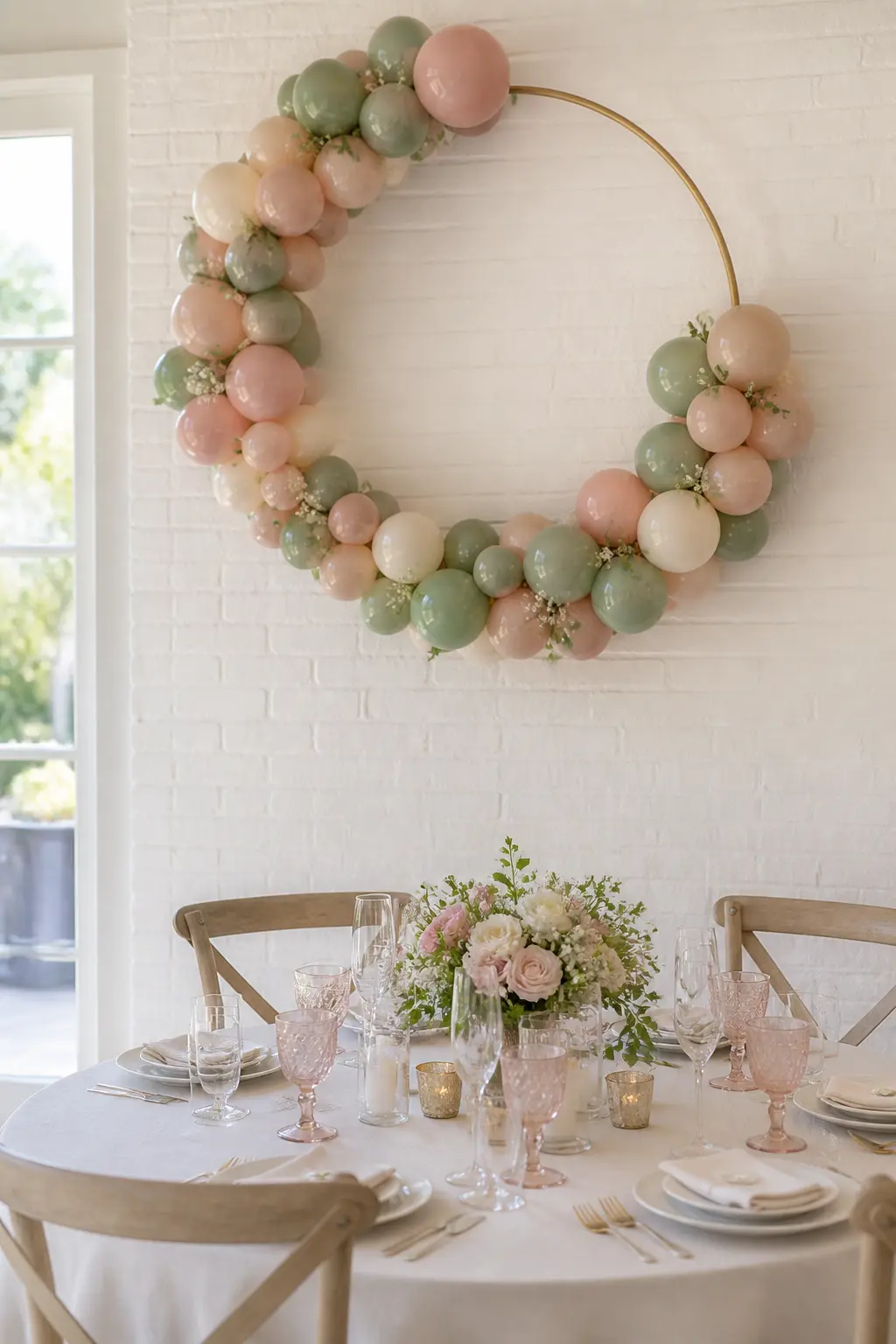 Dusty Pink, Sage and Cream Hoop Above a Bridal Shower Table — A hoop is the arch format for a small table where a full arch would overwhelm the space. Pastel