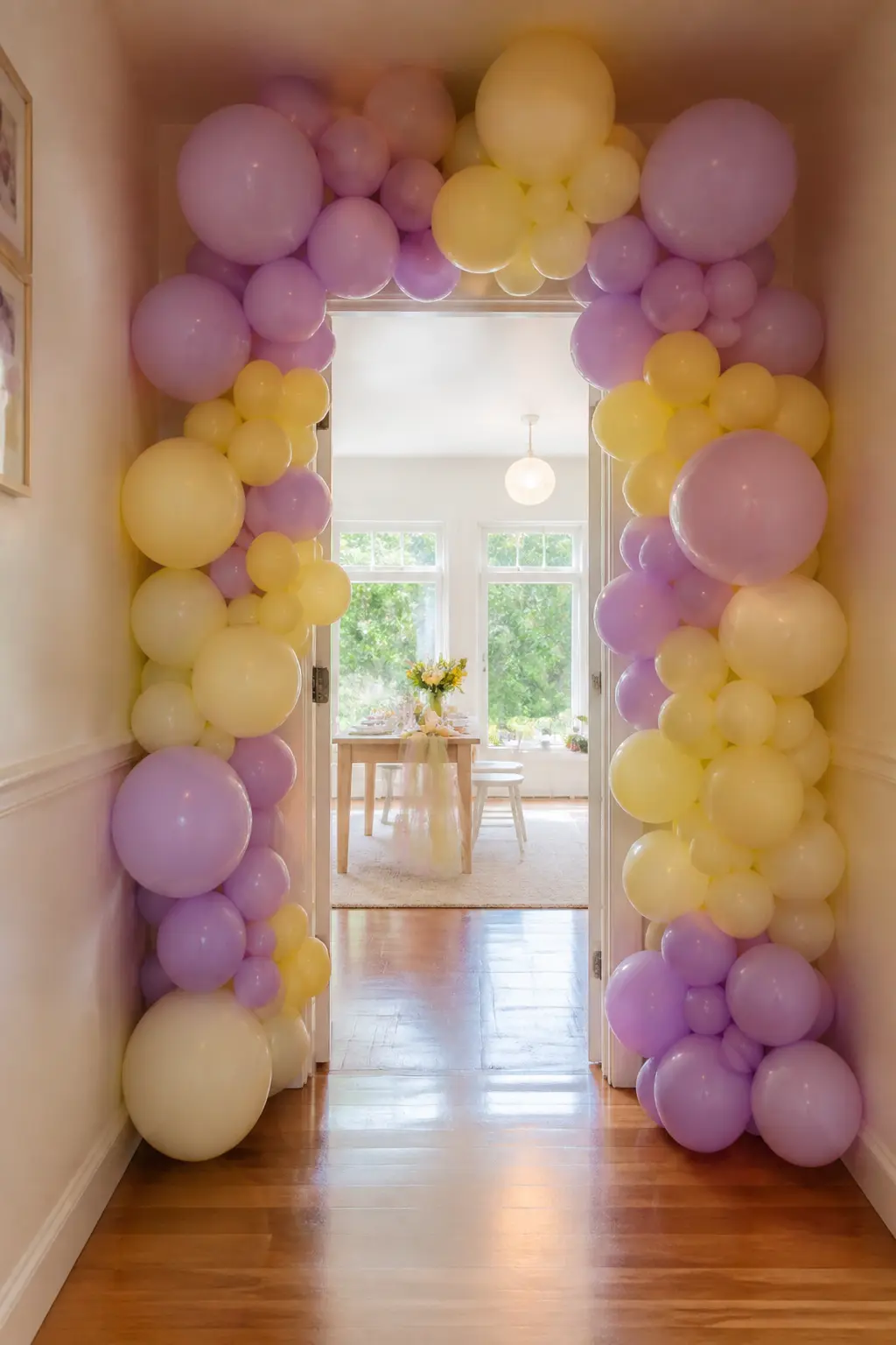 Lilac and Butter Yellow Arch Over a Spring Party Doorway — Lilac and butter yellow look like they should clash and they absolutely do not. Pastel balloon arch