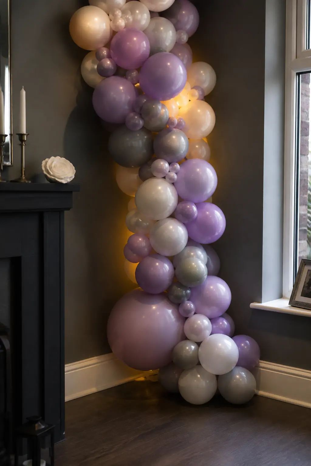 Lilac, Grey and Pearl Cascade at an Evening Party Corner — Lilac reads lavender under warm artificial light, which is exactly what you want at an evening