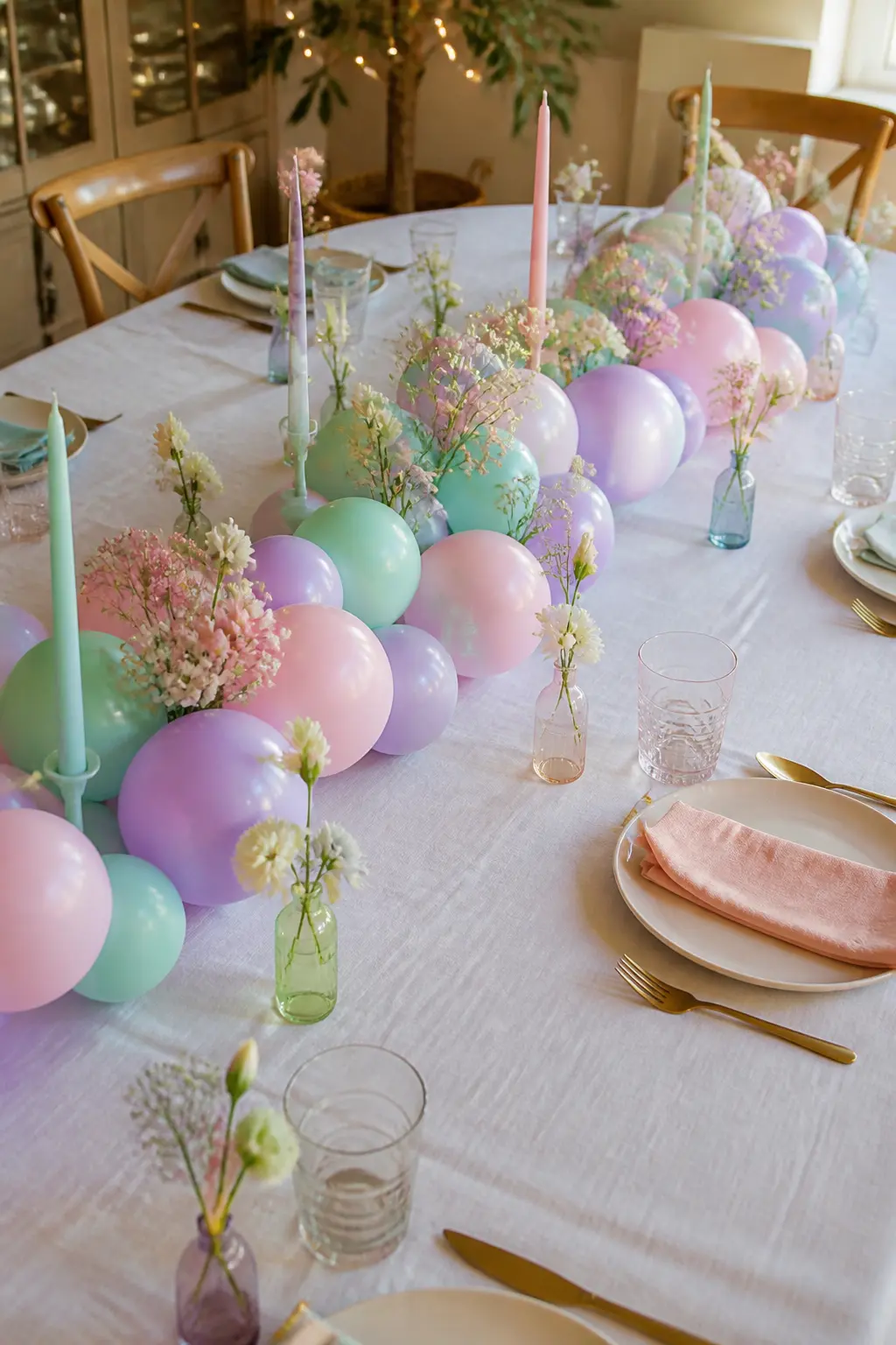Mint, Lilac and Blush Low Garland Down the Centre of a Dining Table — A table-centre garland is the arch format that requires the fewest balloons and delivers