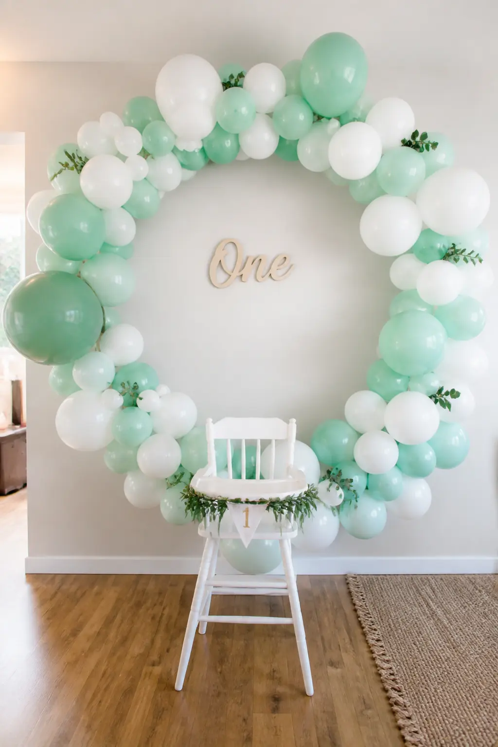 Mint and White Full Circle for a First Birthday Photo Corner — A full circle rather than a hoop arch gives a photo corner a graphic shape that appears in